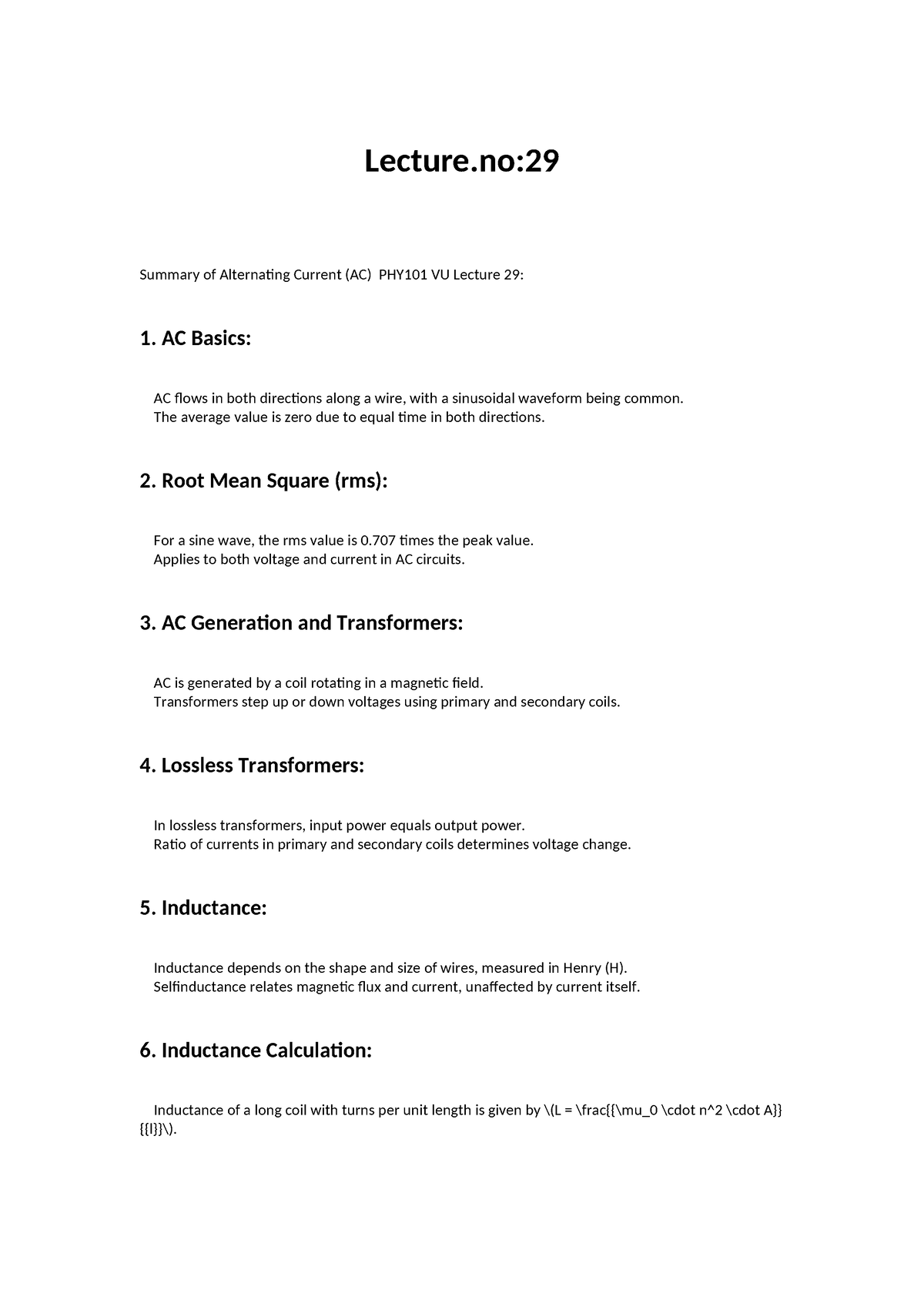 Lecture 29 - Lecture: Summary of Alternating Current (AC) PHY101 VU ...