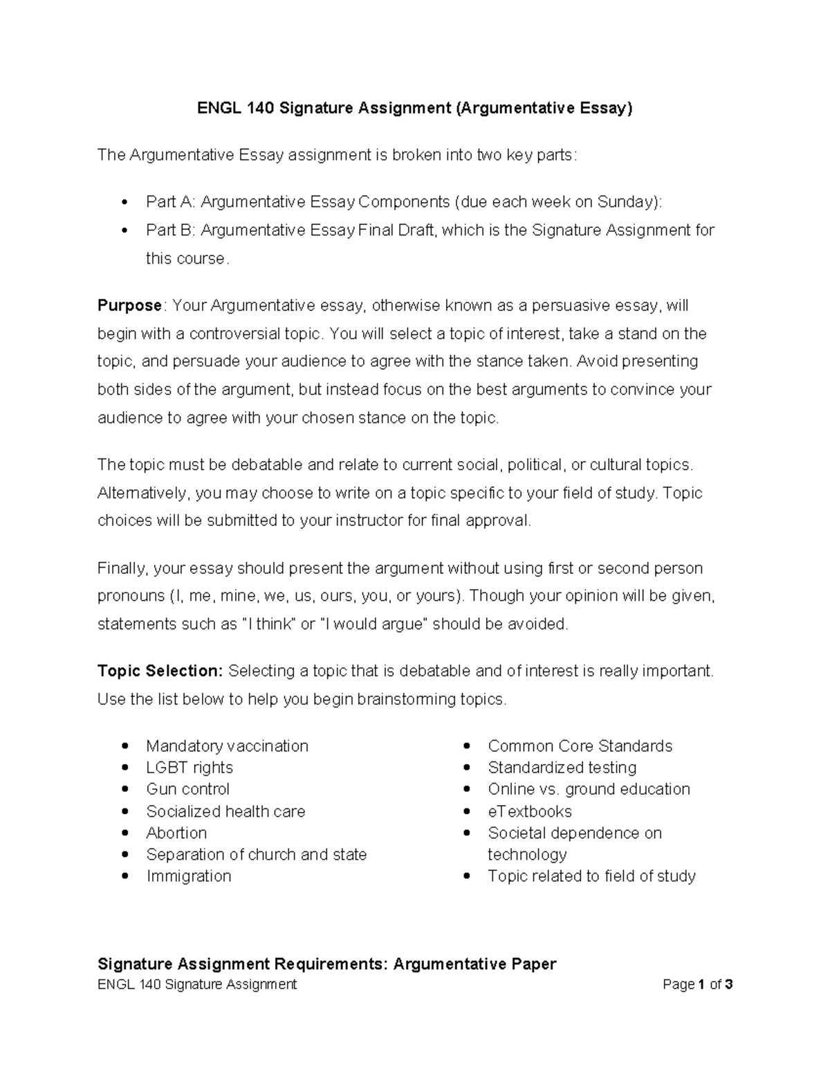 ENGL 140 Signature Assignment - Purpose: Your Argumentative essay ...
