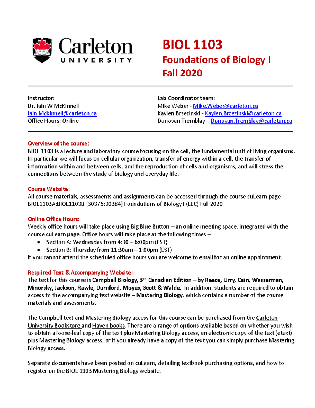BIOL1103 Course Outline - Biol 1103 - Carleton - Studocu