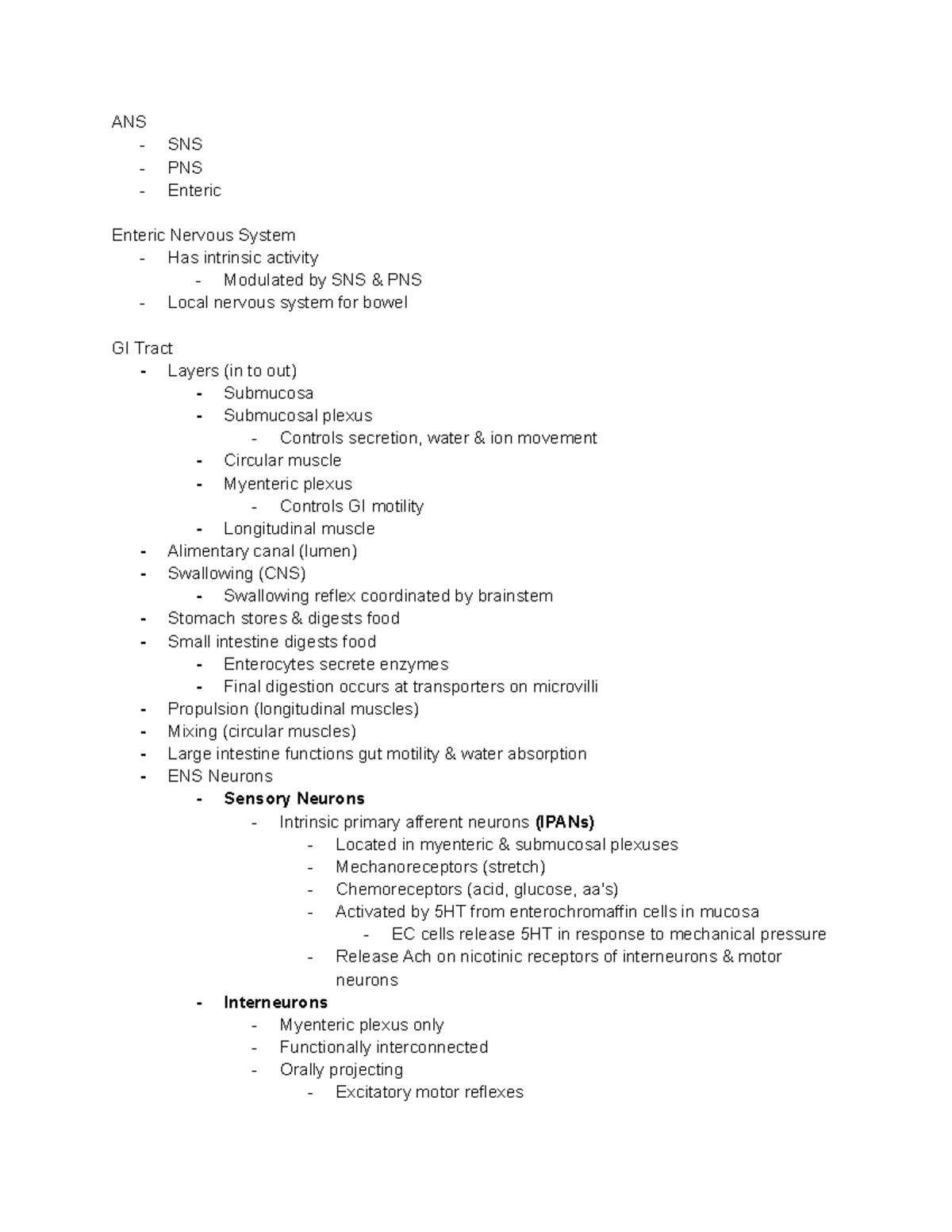 Enteric Nervous System ANS SNS PNS Enteric Enteric Nervous System