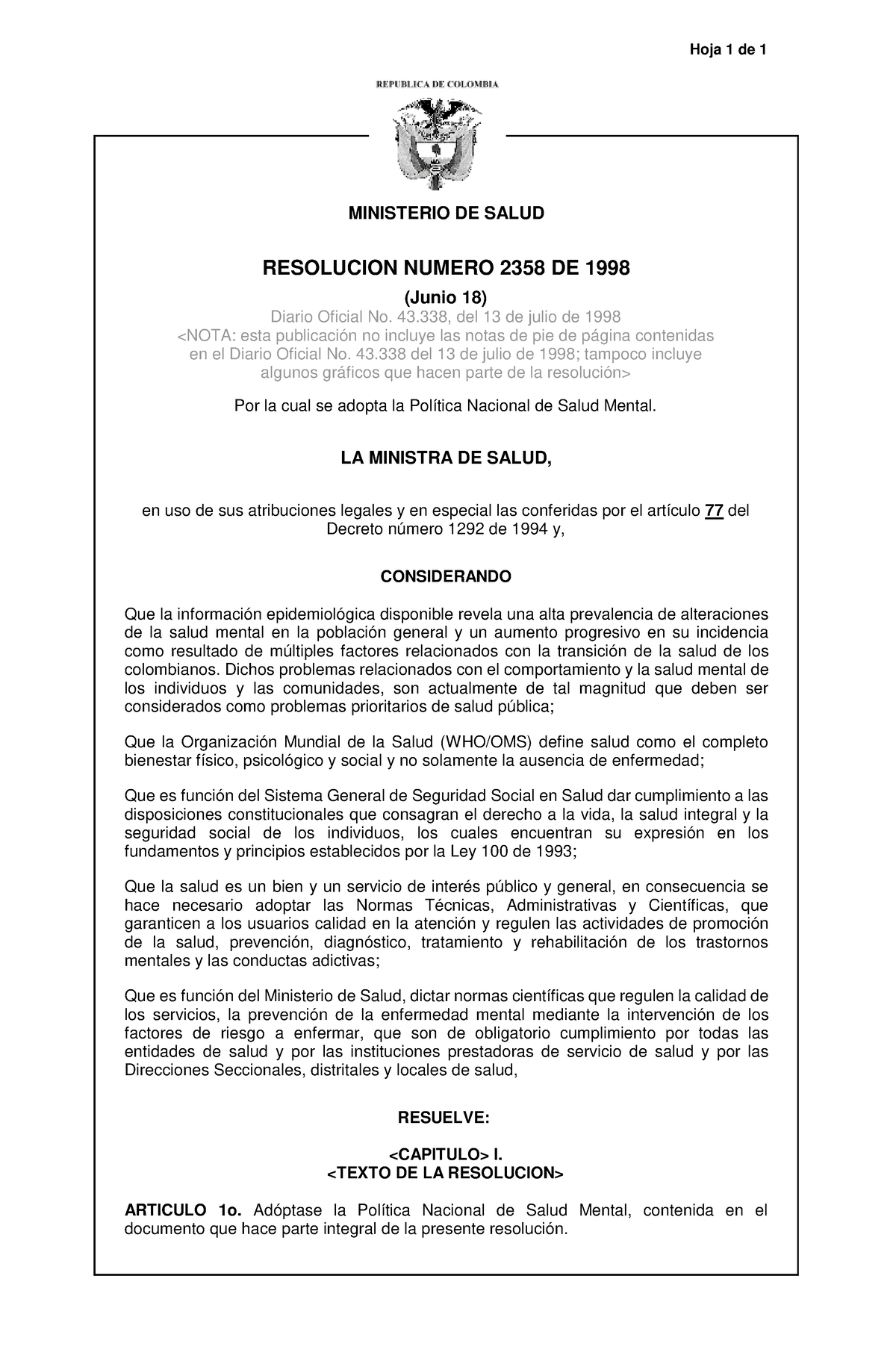 Resolución 2358 DE 1998 - MINISTERIO DE SALUD RESOLUCION NUMERO 2358 DE ...