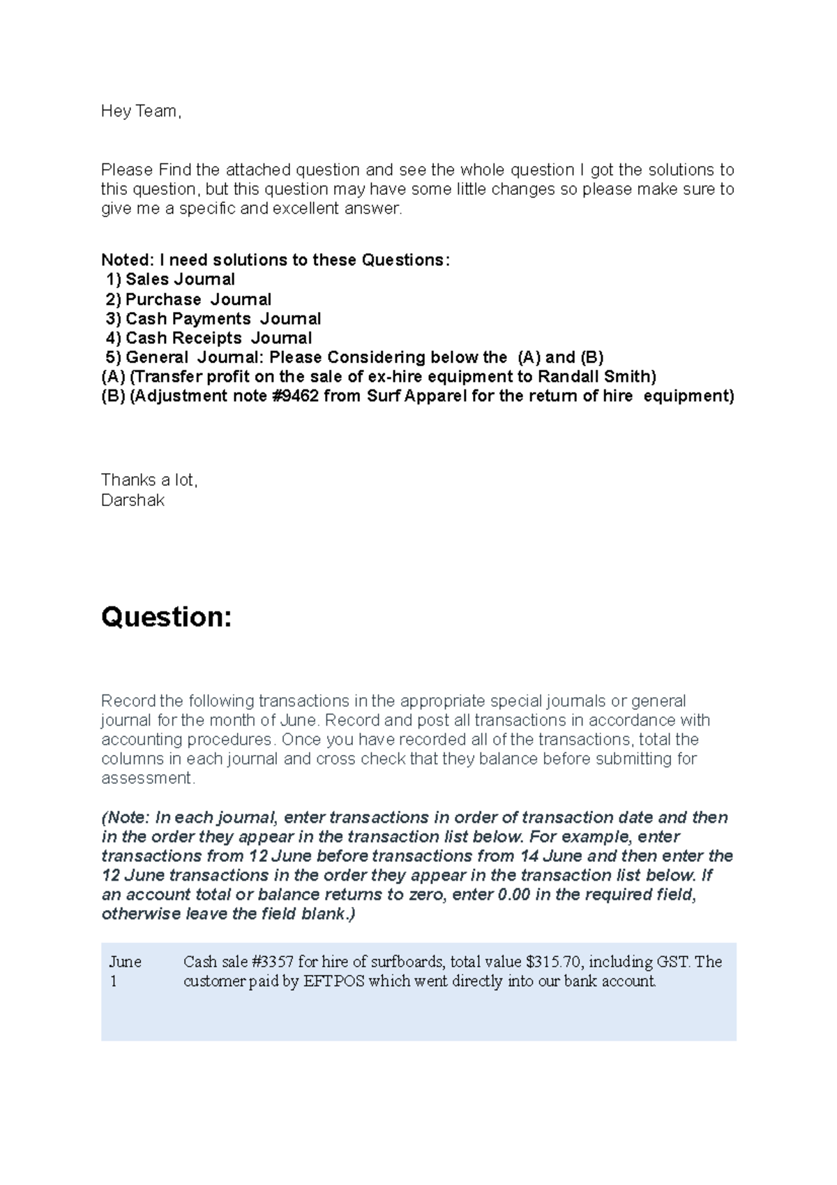 Special Journal (Accounting) Question Hey Team, Please Find the