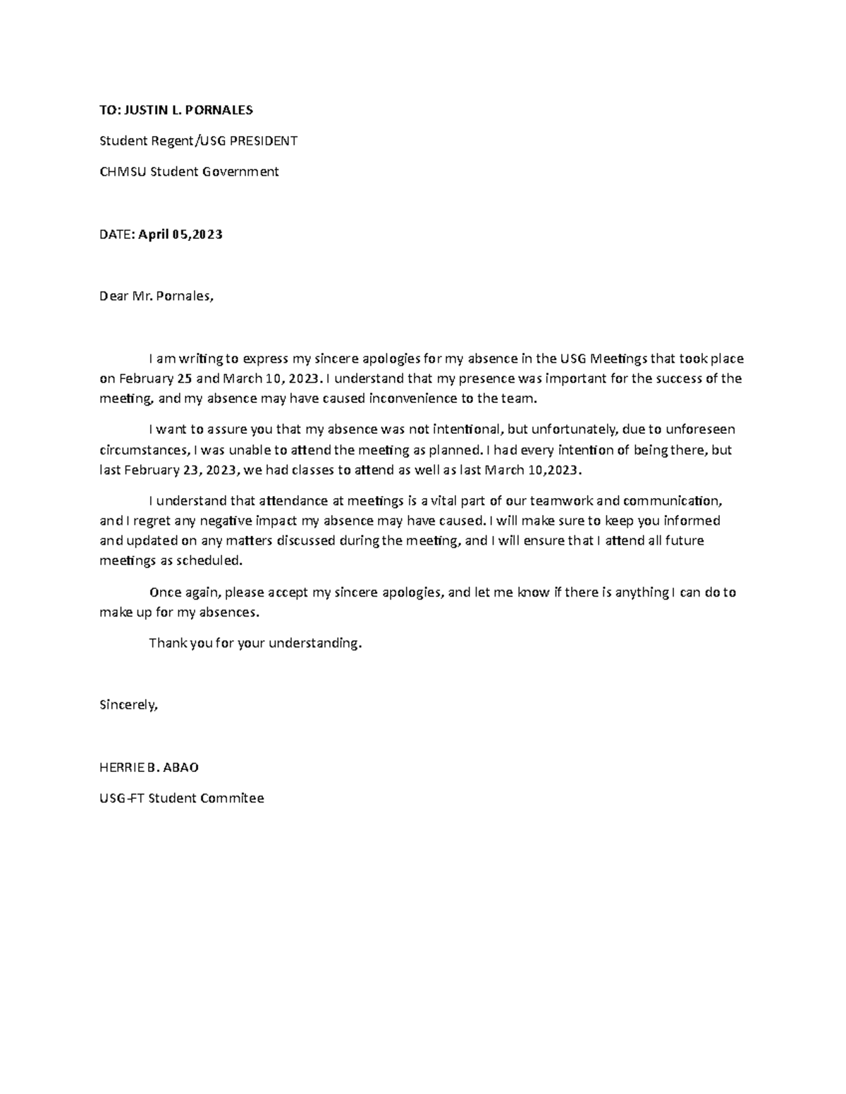 ABAO-SC- Excuse Letter - TO: JUSTIN L. PORNALES Student Regent/USG ...