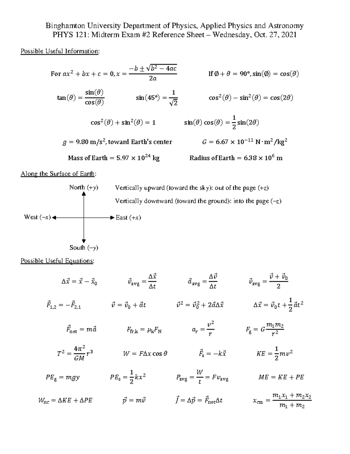 Exam 2 Reference Sheet - Binghamton University Department of Physics ...