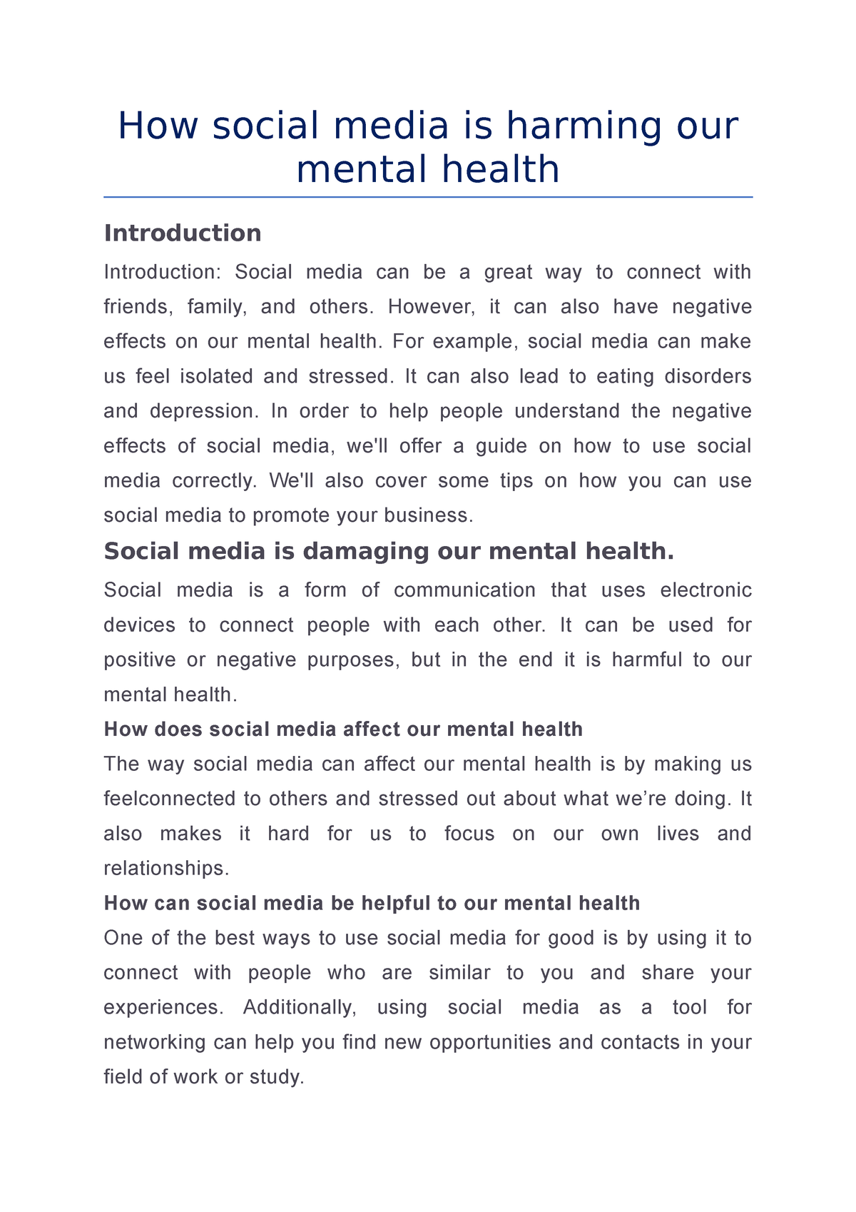 how does social media impact mental health essay