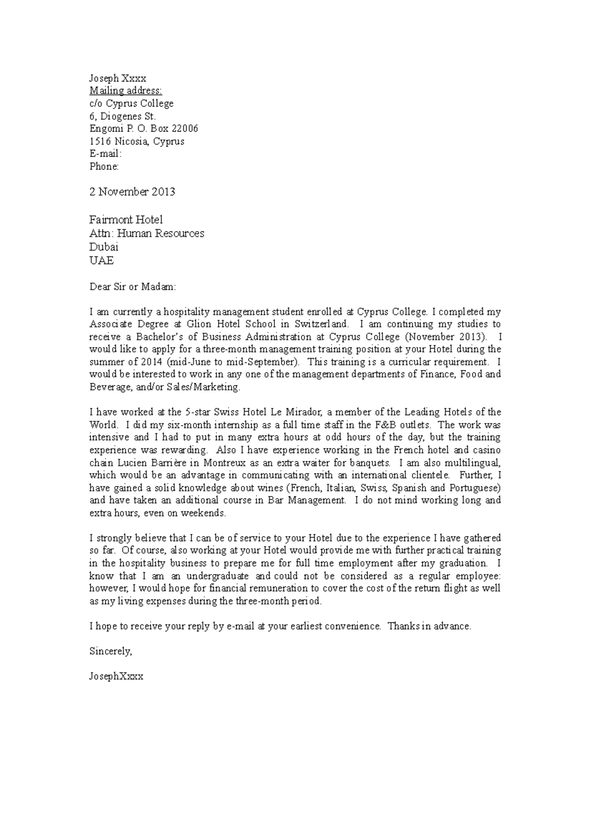 Cover letter for internship Joseph Xxxx Mailing address c/o Cyprus