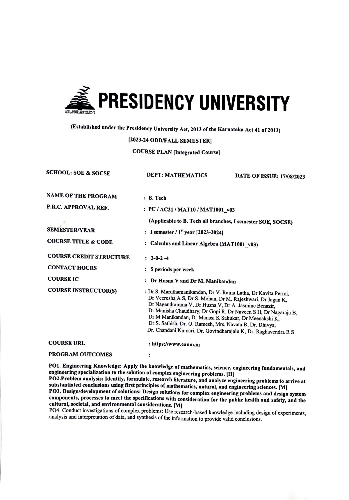 Course Plan MAT1001 CALA AY 2023 2024 PRESIDENCY UNIVERSITY   Thumb 1200 1721 