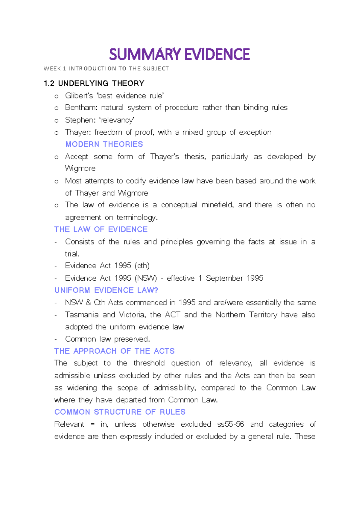 Summary of Evidence Lectures - LLB 301 - UOW - Studocu