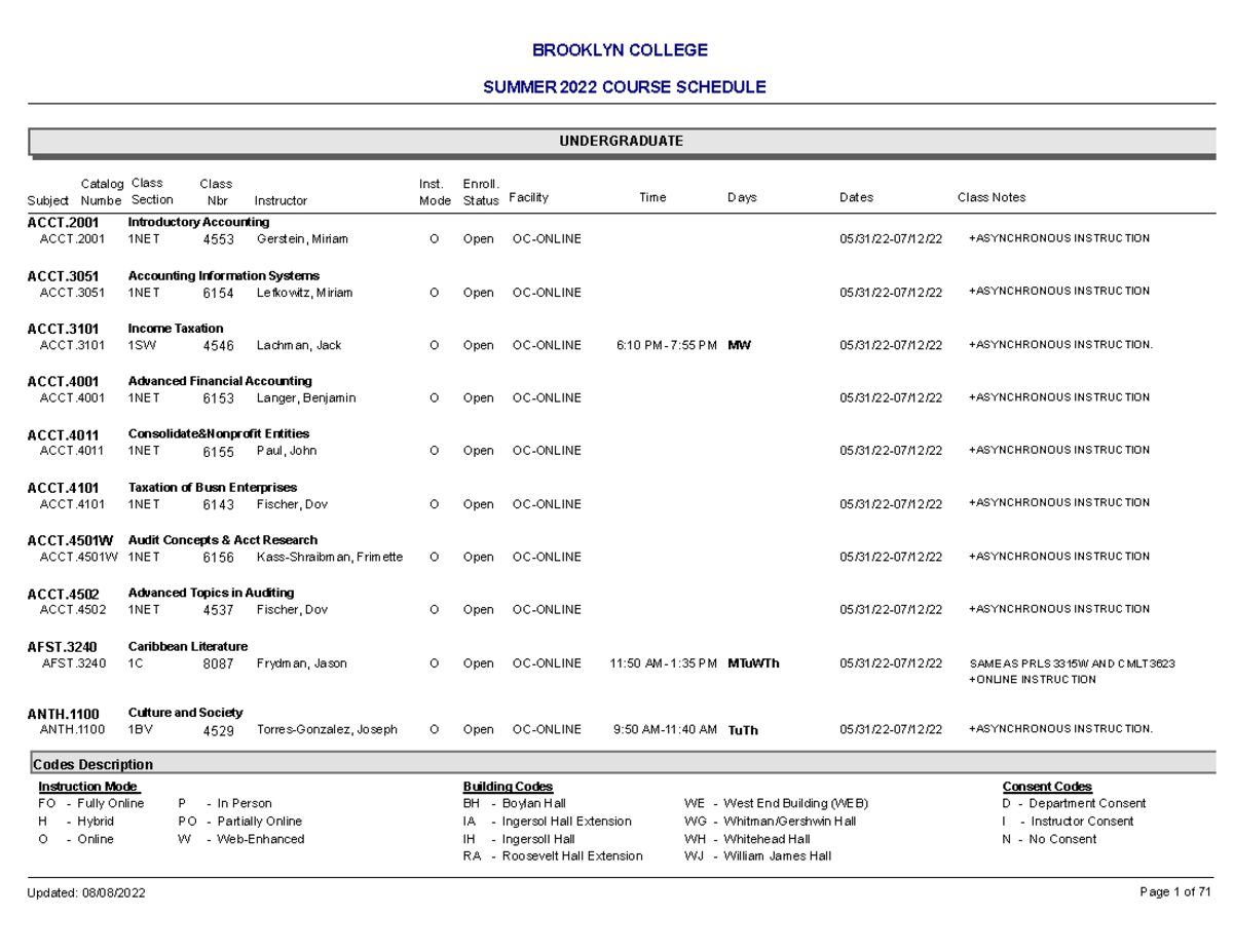 Course Schedule Summer 1226 08 08 2022 BROOKLYN COLLEGE SUMMER 2022 
