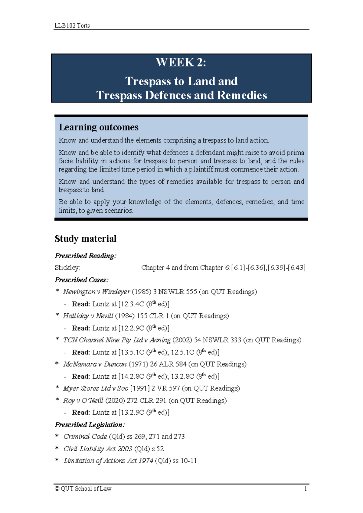 LLB102 Study Materials Week 2 - WEEK 2: Trespass to Land and Trespass ...
