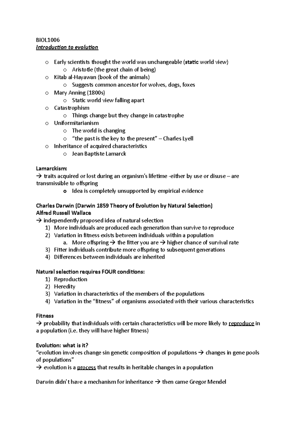 Introduction to Evolution - BIOL Introduction to evolution o Early ...