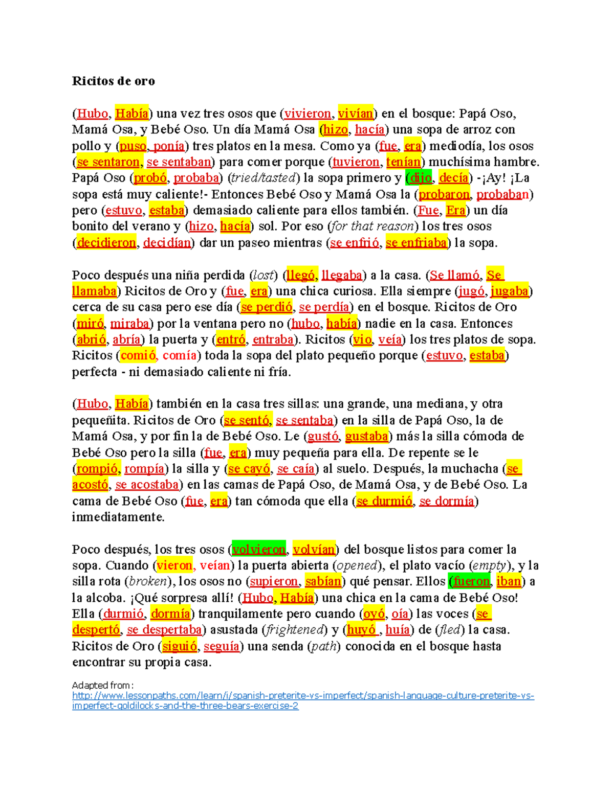 Ricitos de oro blank - this is a practice assignment for preterit vs  imperfect - Ricitos de oro - Studocu