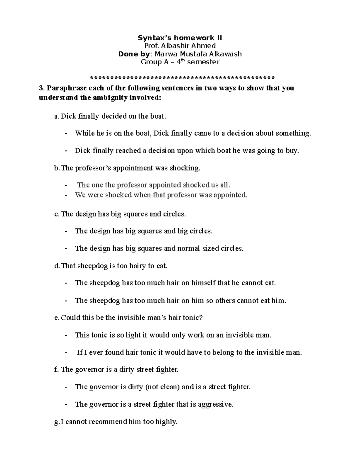 Syntax homework 2 - Syntax’s homework II Prof. Albashir Ahmed Done by ...