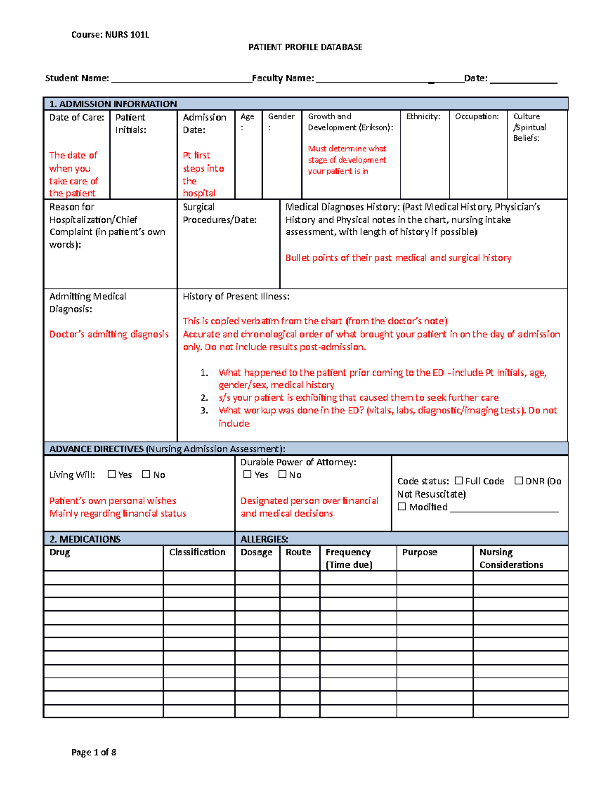 N101L Patient Profile Database Form Notes - PATIENT PROFILE DATABASE ...