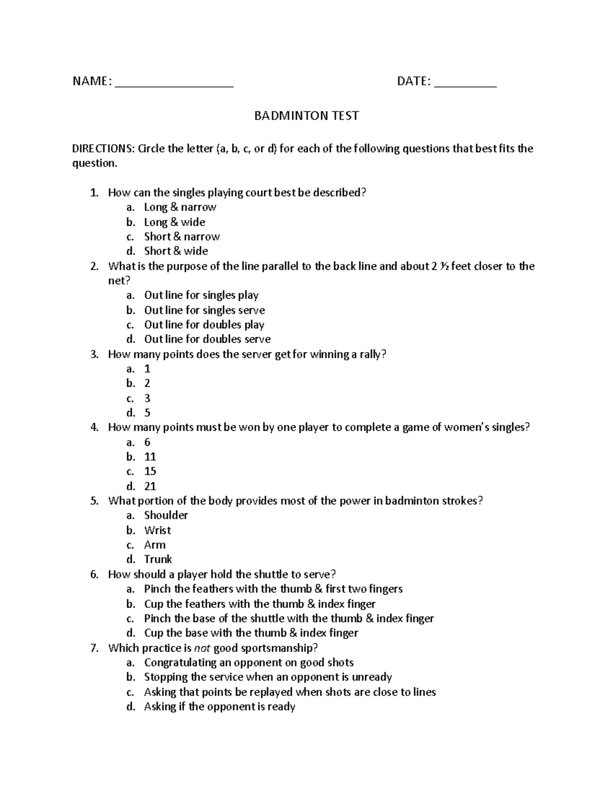 Badminton Test 1 khk NAME _________________ DATE