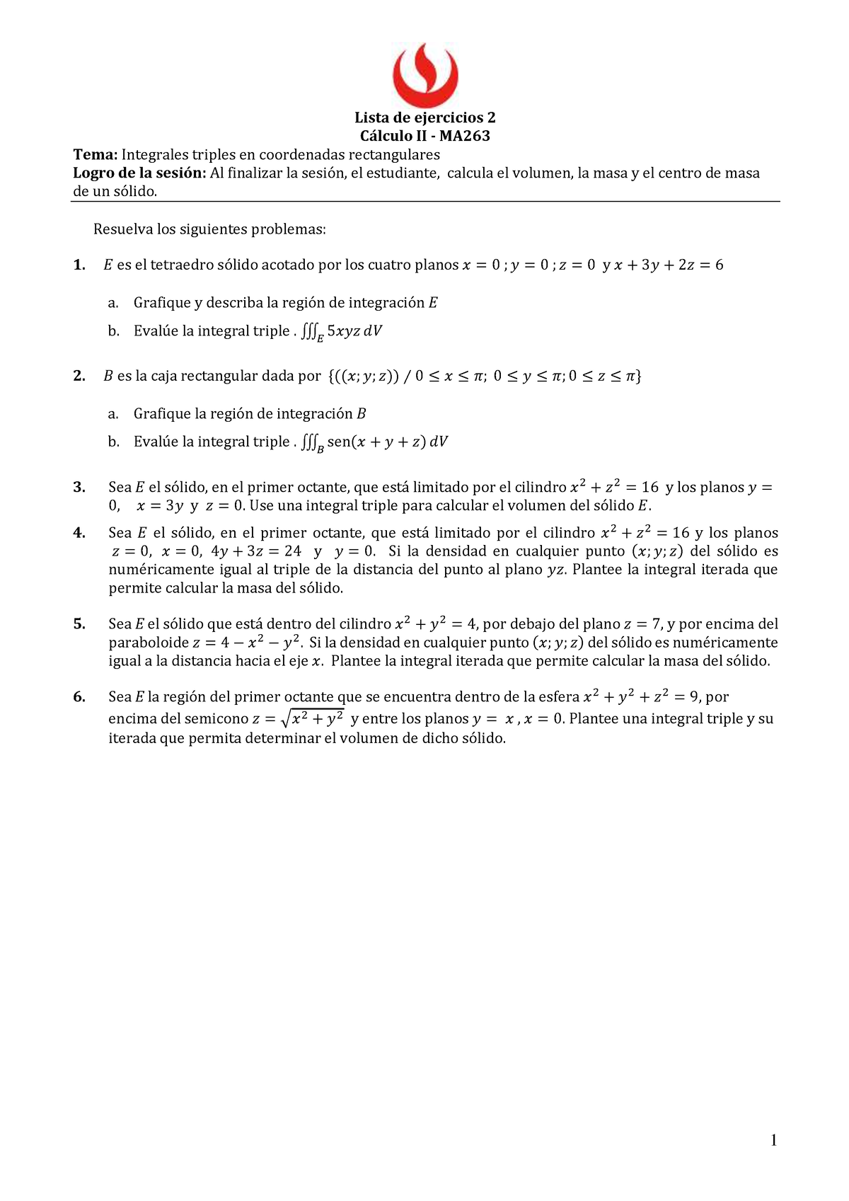 Lista De Ejercicios 2 Estudiante - 1 Lista De Ejercicios 2 C·lculo II ...