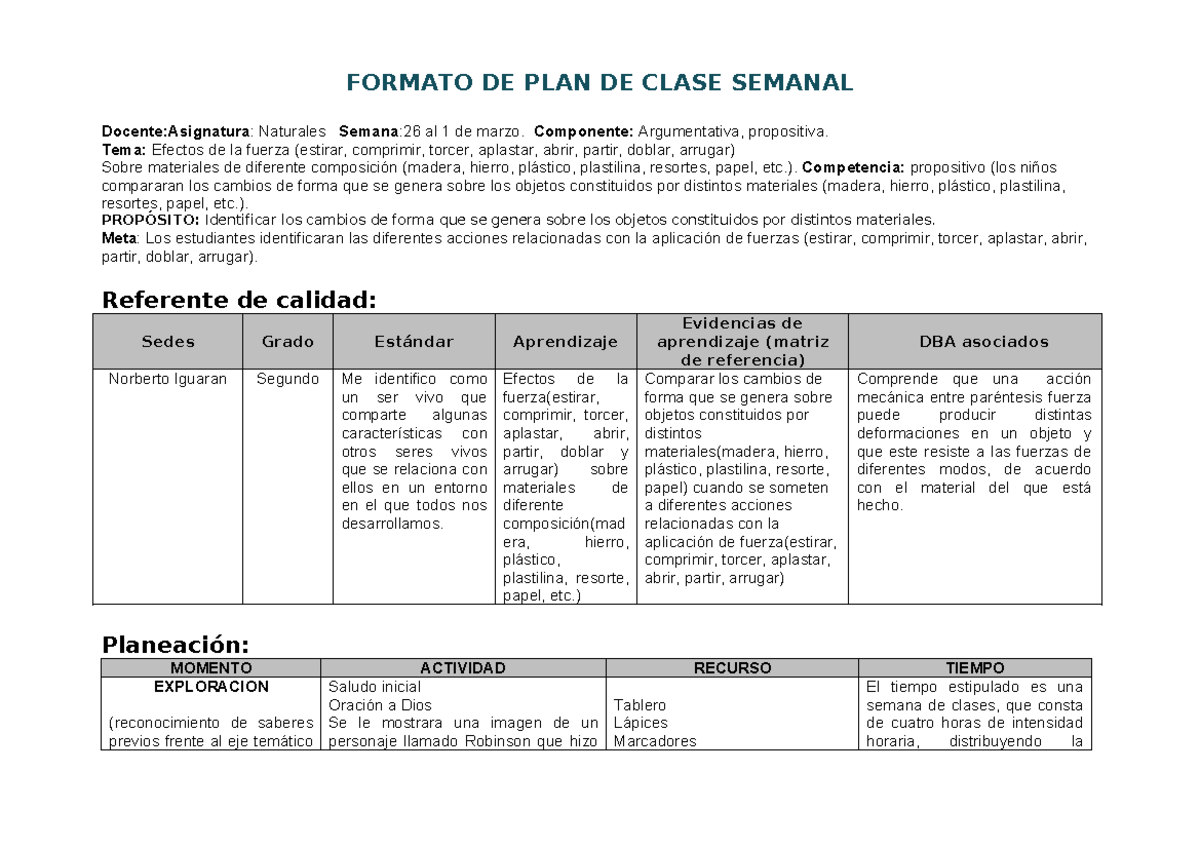 Sociales - plan de clases - FORMATO DE PLAN DE CLASE SEMANAL Docente ...