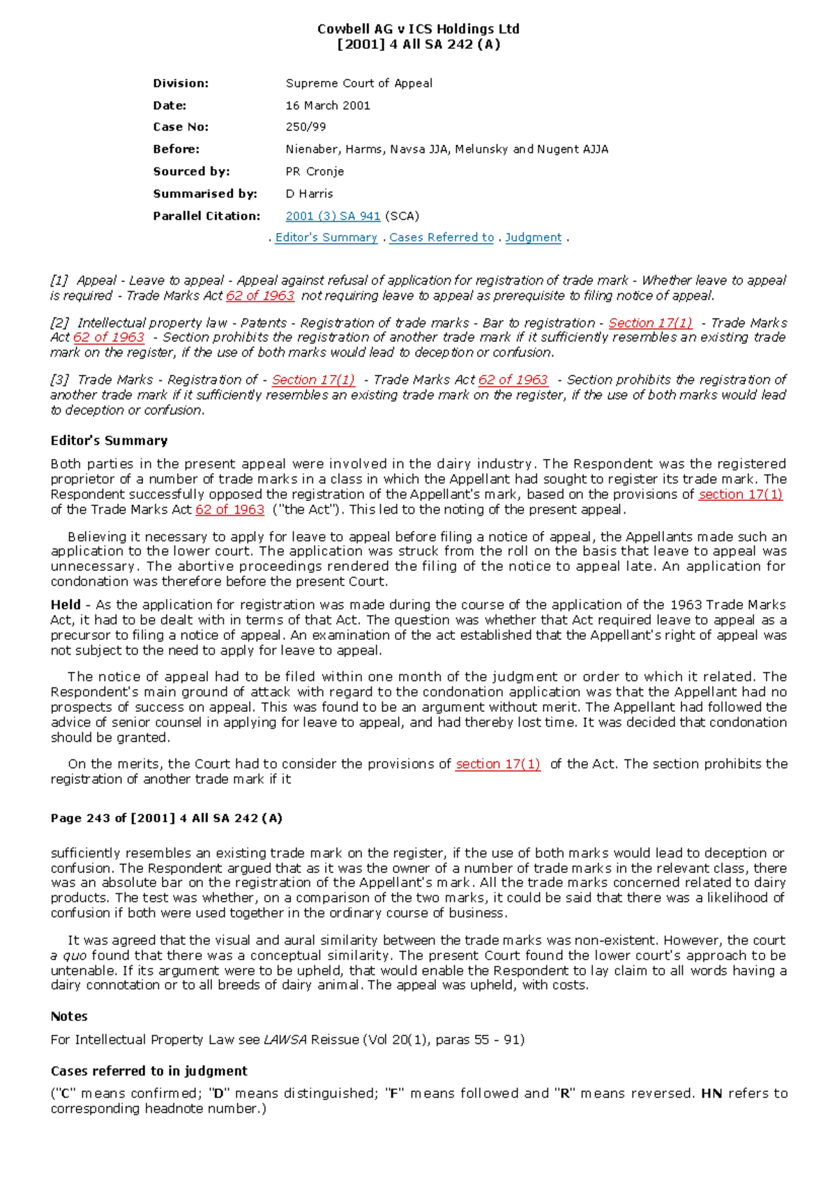 Cowbell AG v ICS Holdings Ltd [2001 ] 4 All SA 242 (A) - Cowbell AG v ...