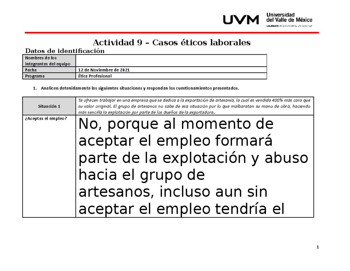 Actividad 9 Etica Profesional Casos éticos Laborales Actividad 9