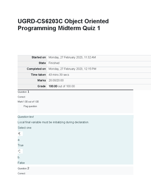 Object Oriented Programming MiD EX - Question 1 Correct Mark 1 Out Of 1 ...