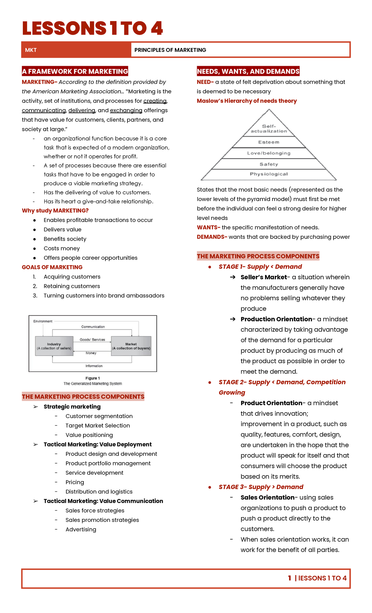 Marketing Notes - LESSONS 1 TO 4 MKT PRINCIPLES OF MARKETING A ...