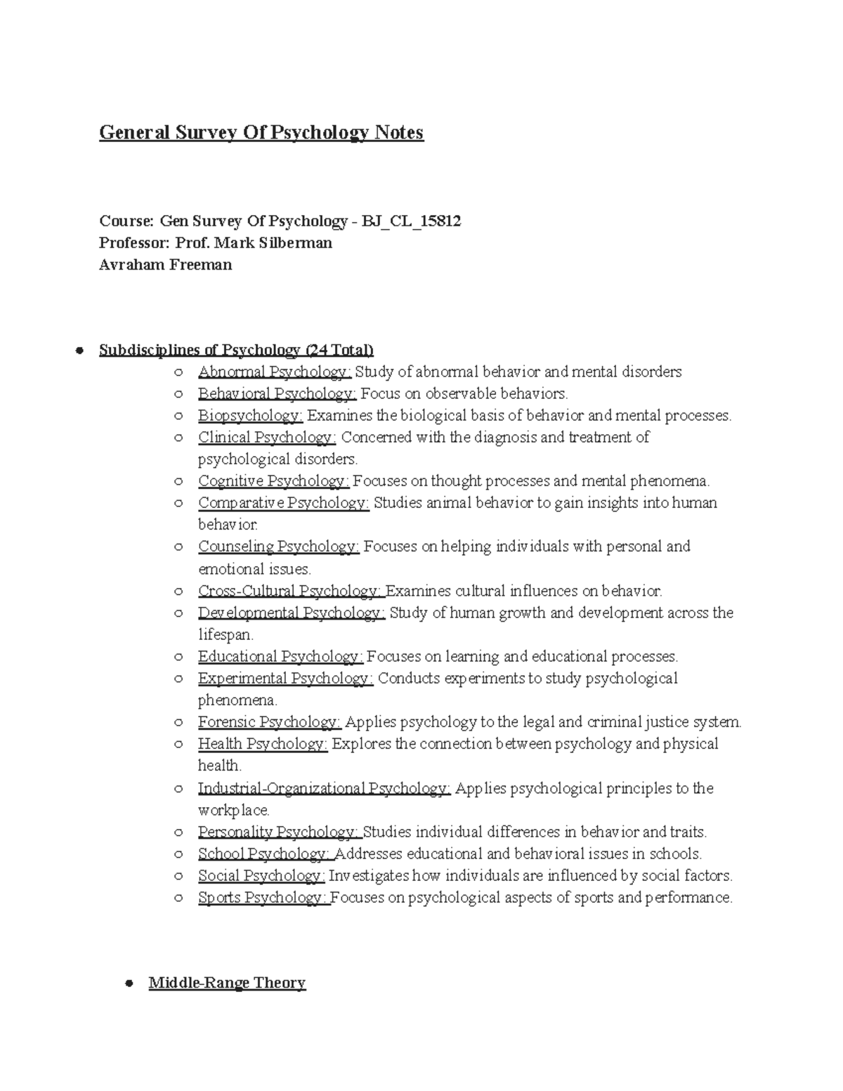 General Psych Notes - General Survey Of Psychology Notes Course: Gen ...