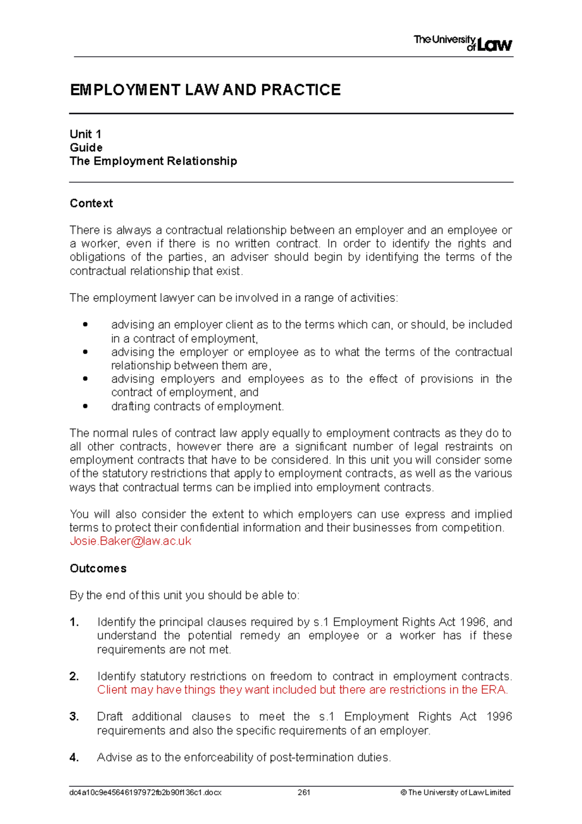 Workshop Guide - EMPLOYMENT LAW AND PRACTICE Unit 1 Guide The ...