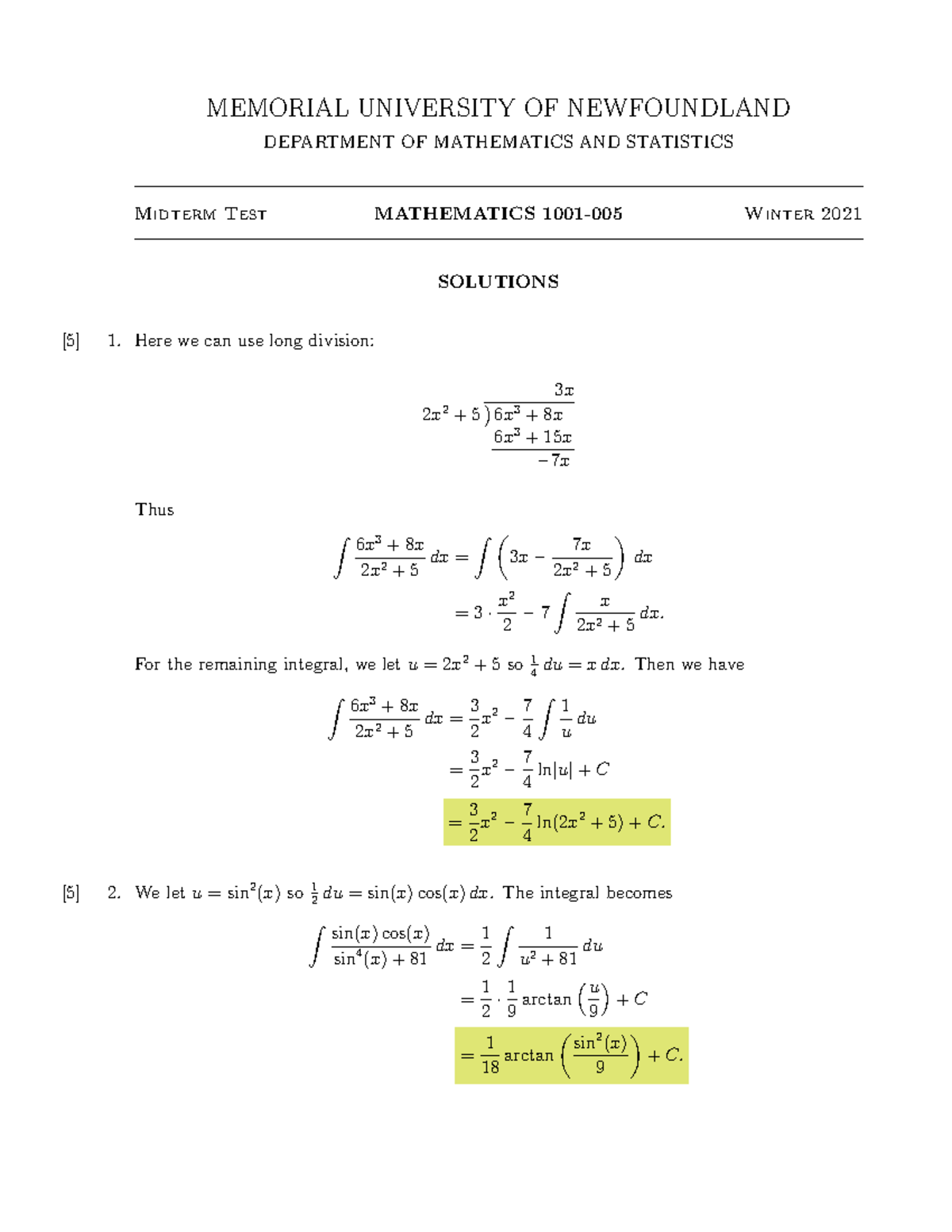 Midterm solution - MEMORIAL UNIVERSITY OF NEWFOUNDLAND DEPARTMENT OF ...