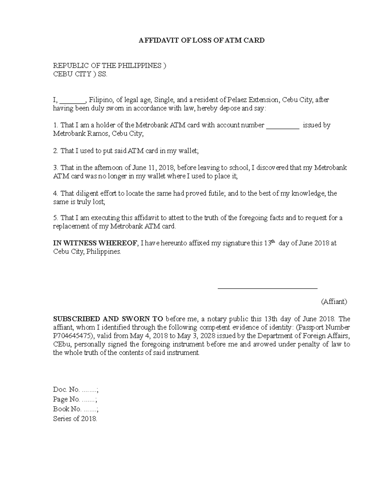 23 Printable Affidavit Of Loss Atm Card Forms And Tem - vrogue.co