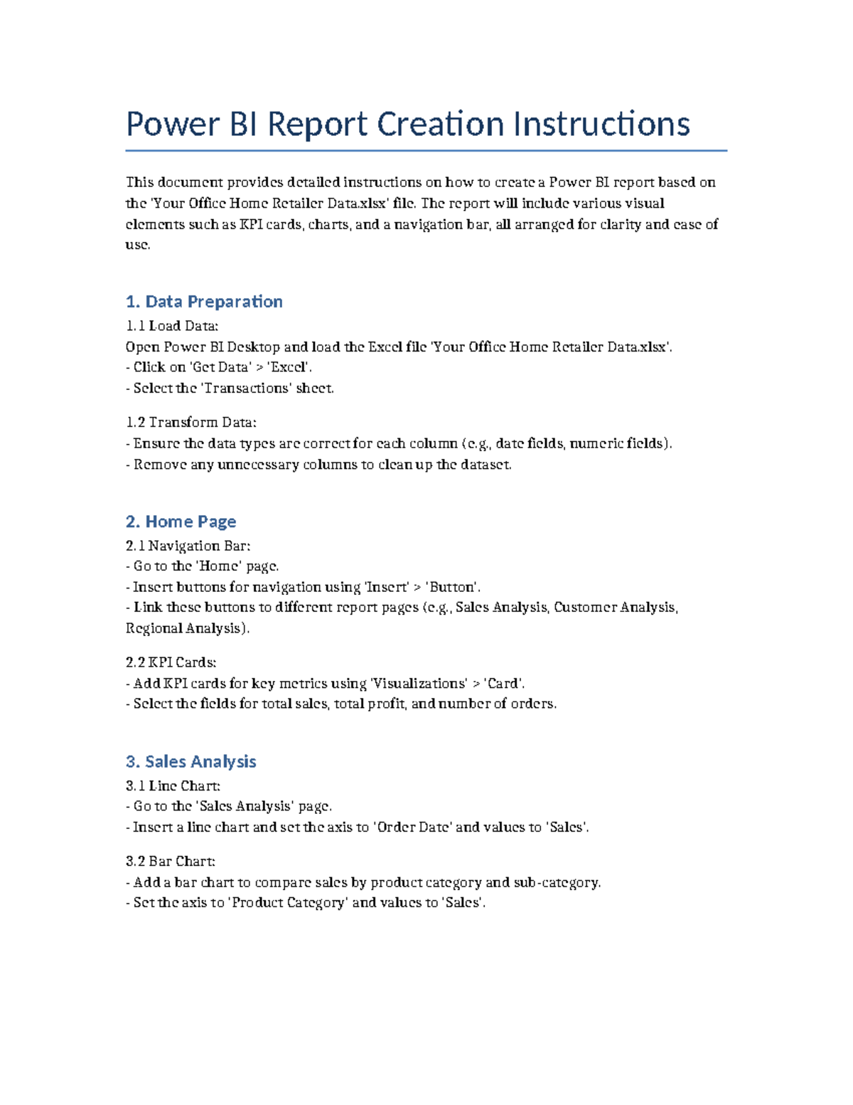 Power BI Report Creation Instructions - The report will include various ...