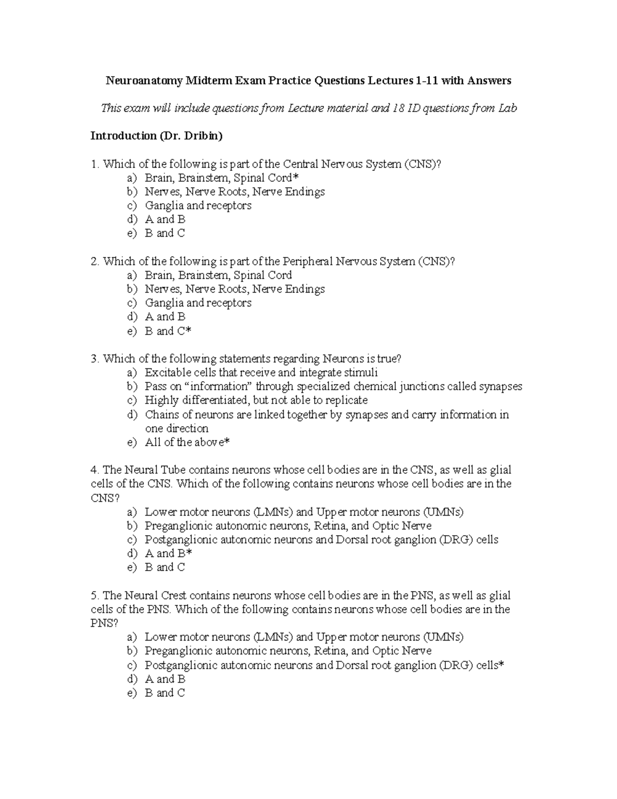 Neuroanatomy Midterm Exam Practice Questions With Answers Lectures 1 11 Neuroanatomy Midterm Exam Practice Questions With Answers Lectures 1 11