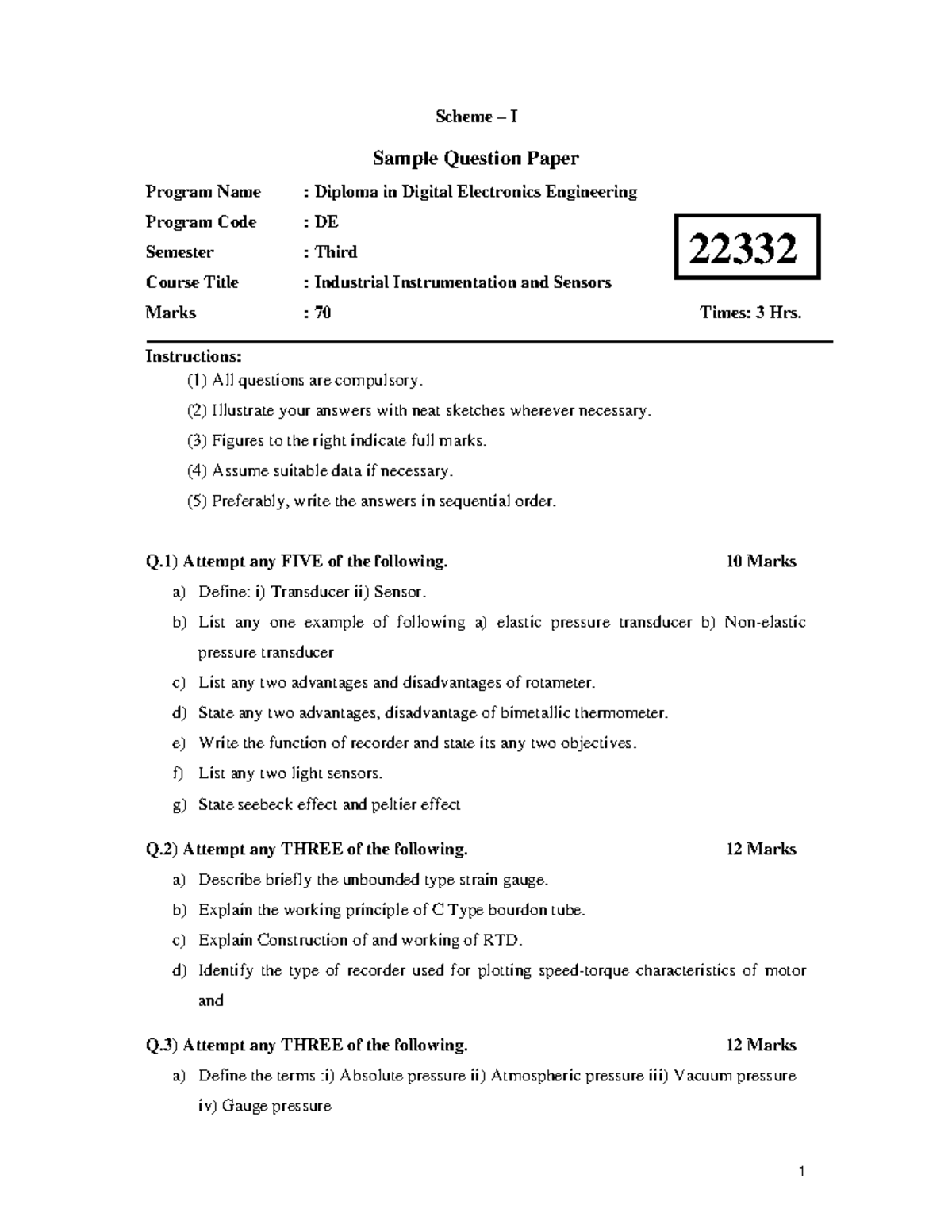 22332 Sample question paper Industrial Instrumentation and Sensors