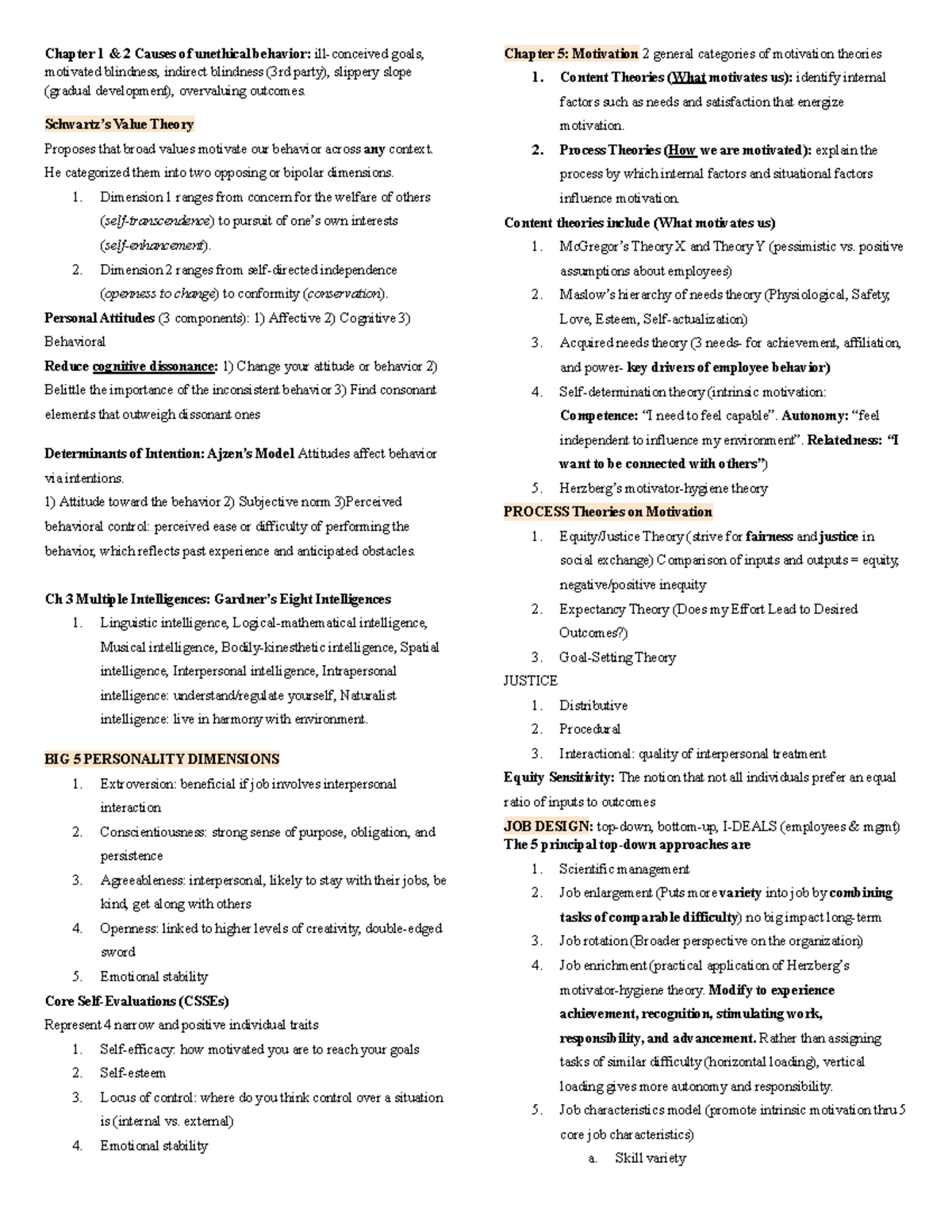 BUAD 304 Midterm Cheat Sheet - Chapter 1 & 2 Causes Of Unethical ...