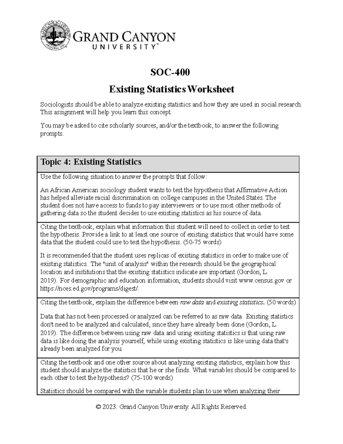 SOC-400 Existing Statistics Worksheet - SOC- Existing Statistics ...