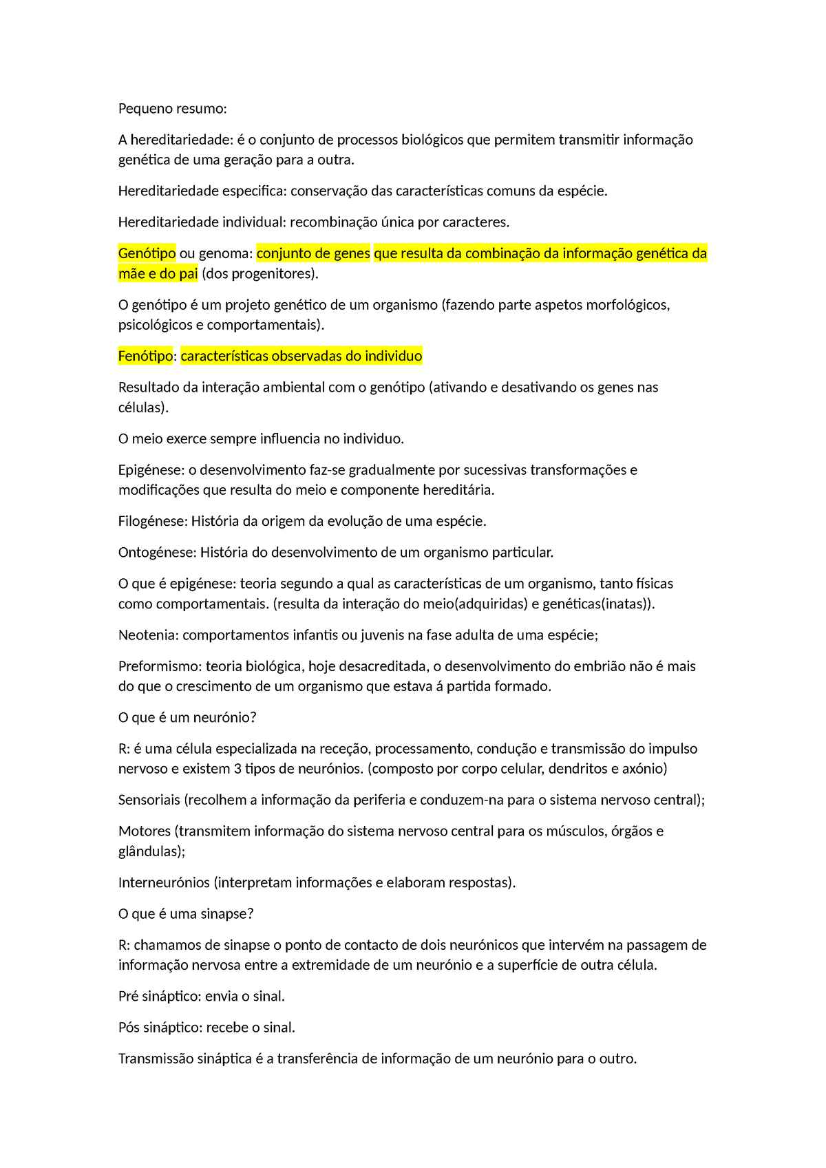 Psicologia B - ... - Pequeno Resumo: A Hereditariedade: é O Conjunto De ...