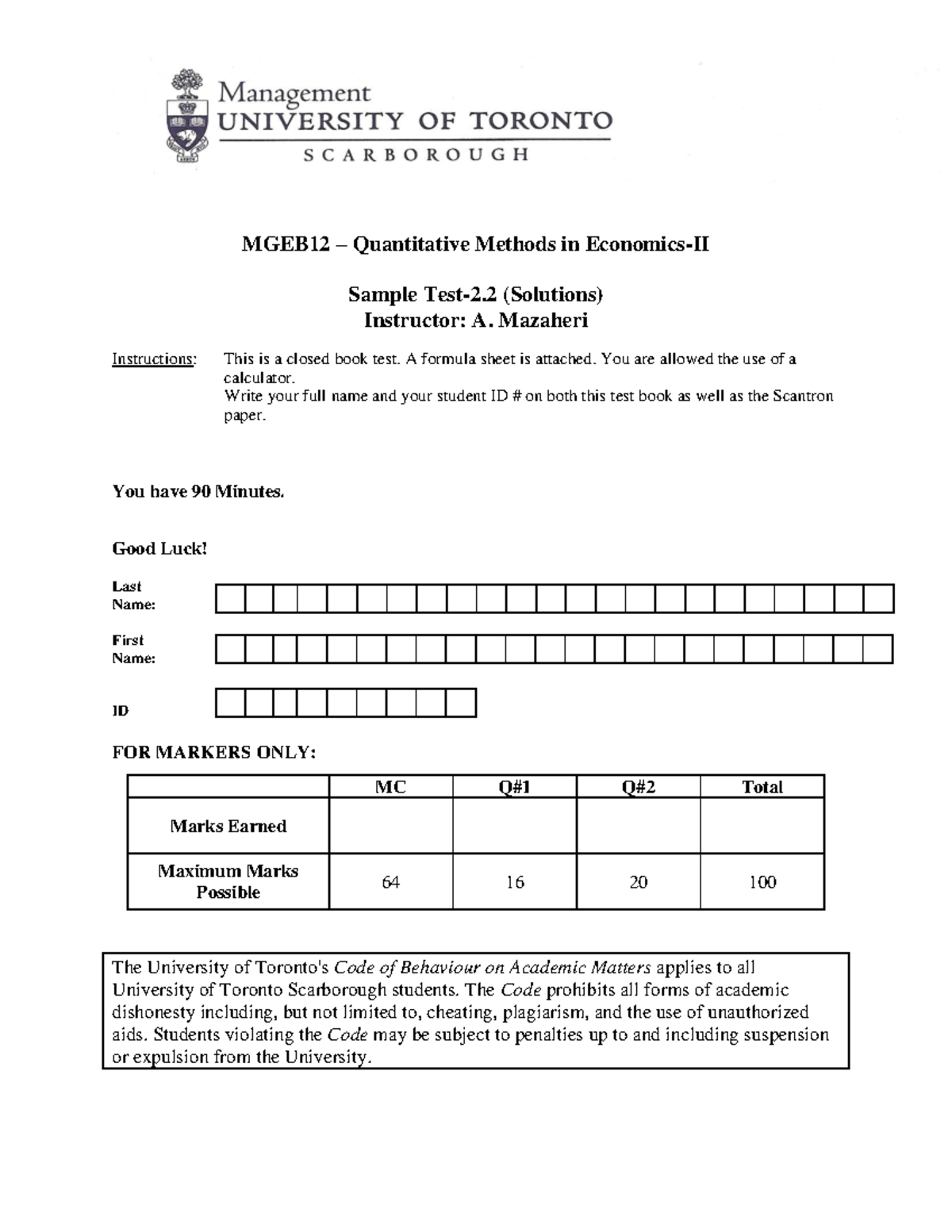 Exam 14 February 2020, questions and answers - MGEB12 Quantitative ...
