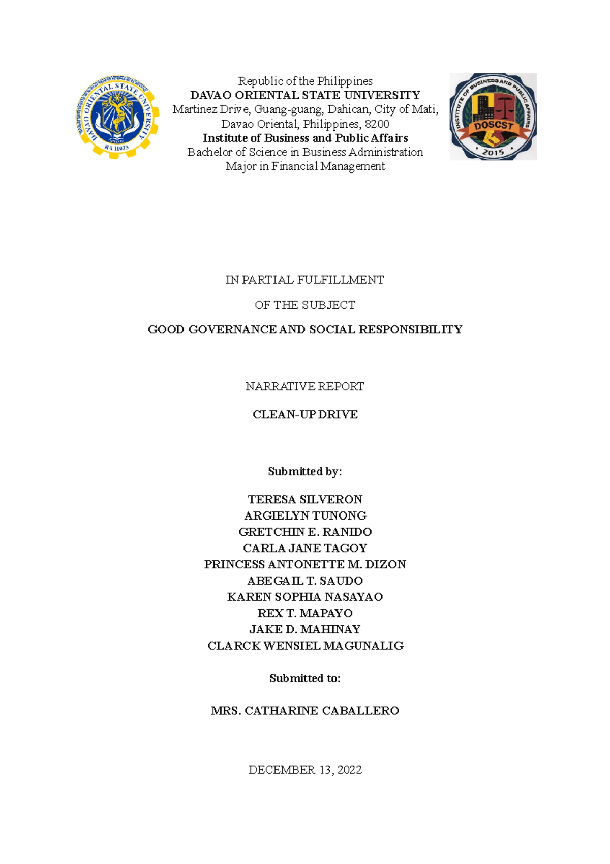 Narrative Report - Republic of the Philippines DAVAO ORIENTAL STATE ...