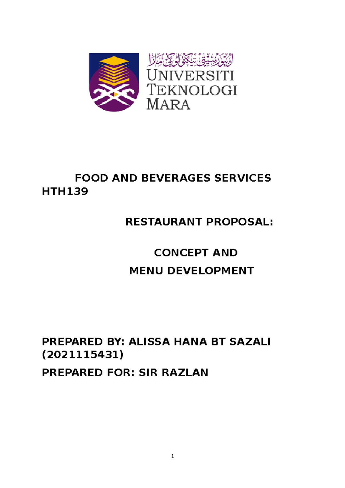 FOOD AND Beverages Services HTH139 FOOD AND BEVERAGES SERVICES HTH