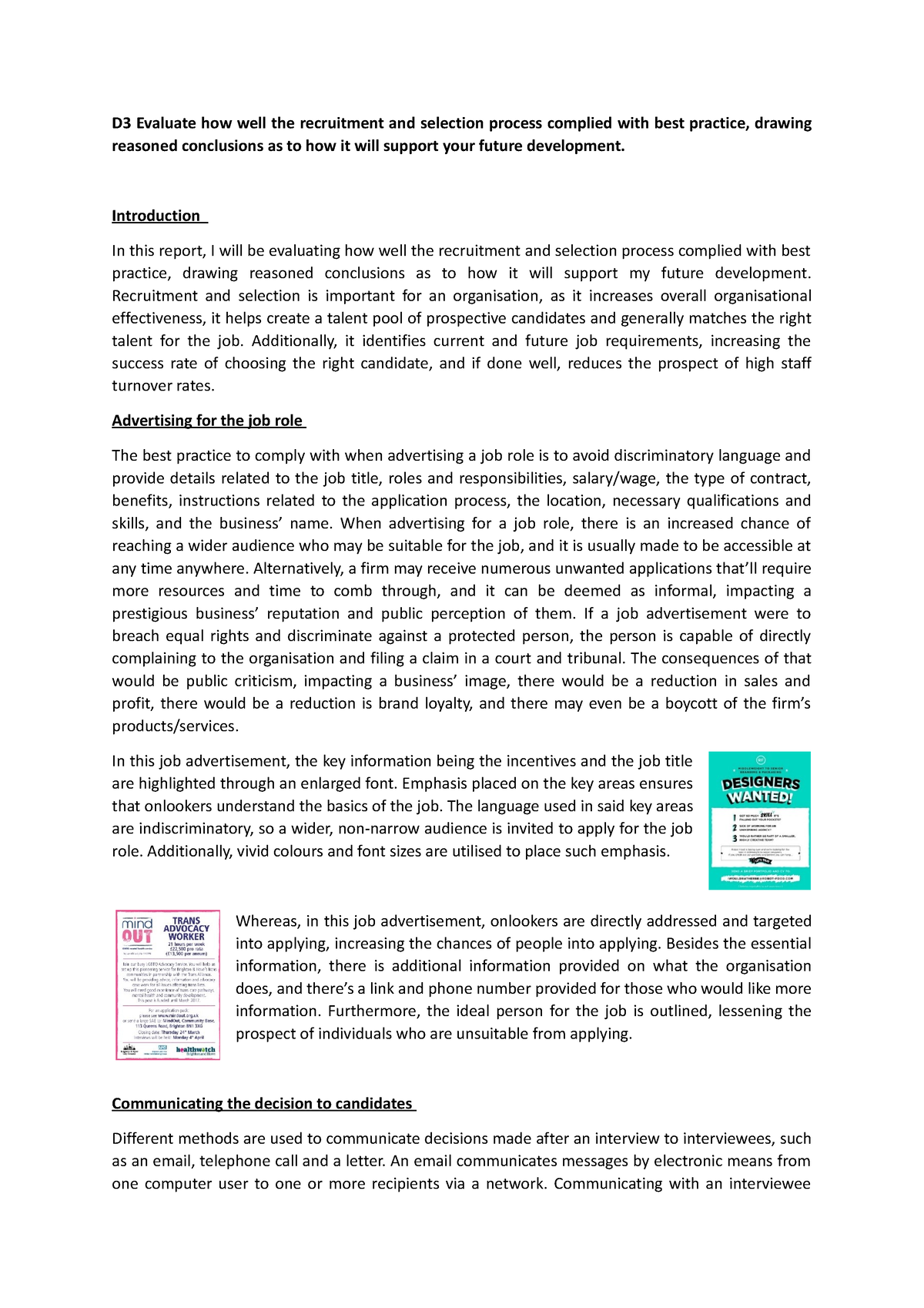 unit 8 recruitment and selection assignment 1