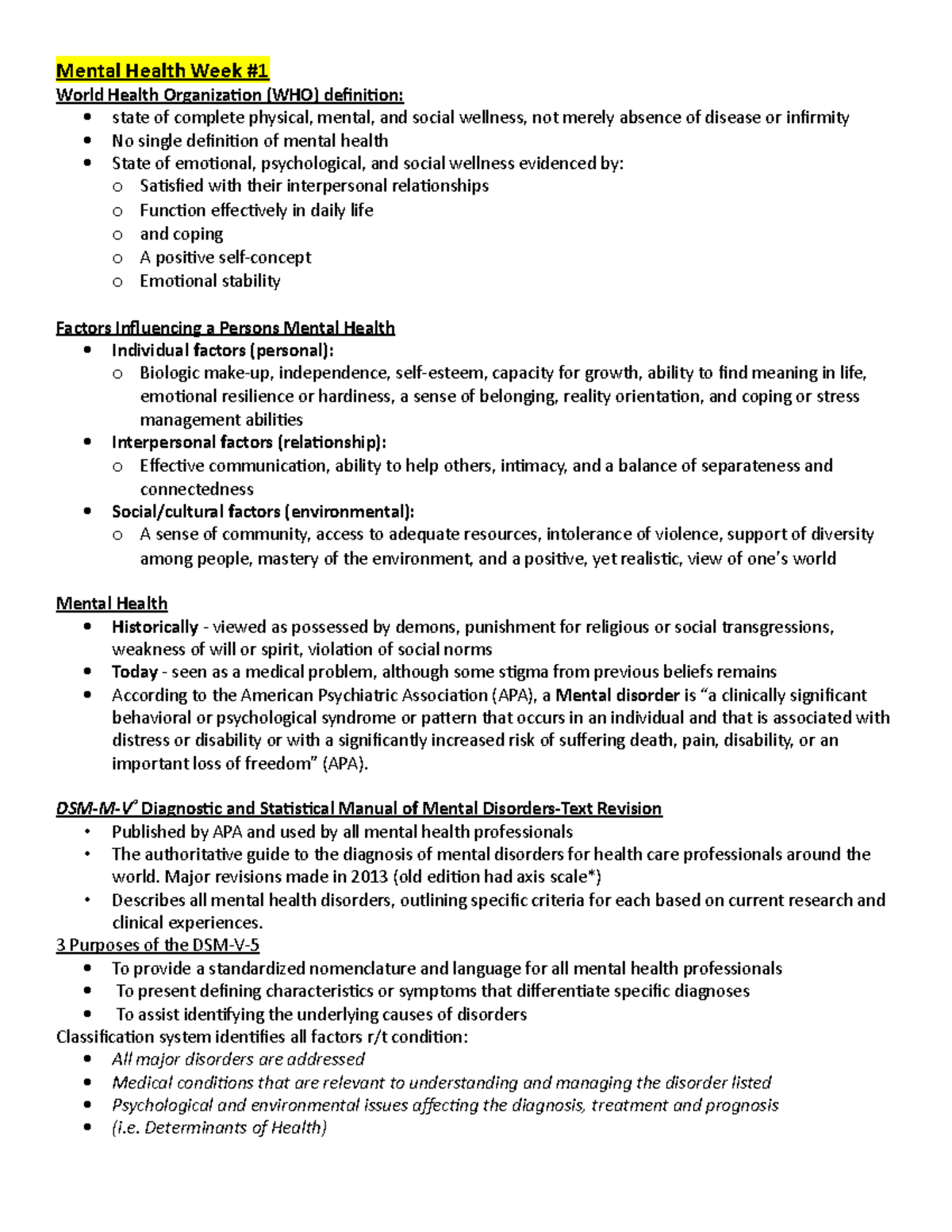 Mental Health notes Week 1 - Mental Health Week World Health ...