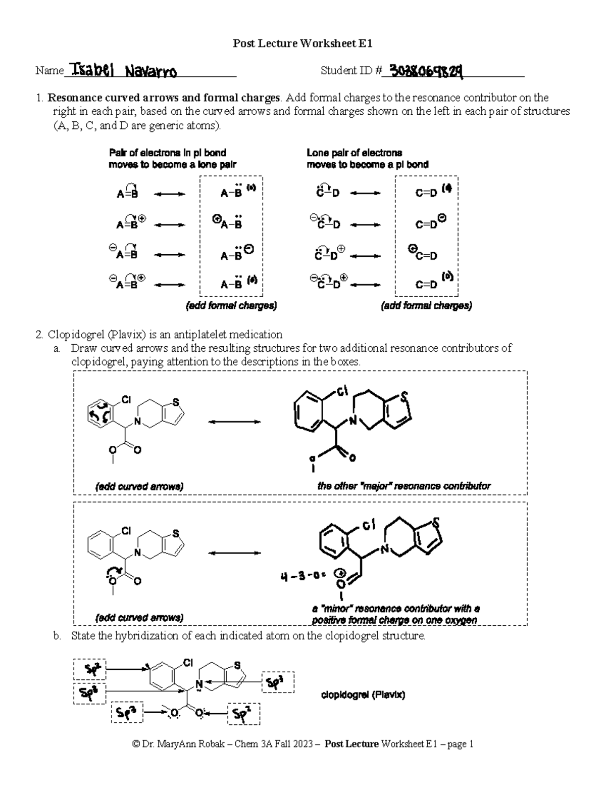 Postlec E - Chem 3A Post Lecture Worksheet E MaryAnn Robak - © Dr ...