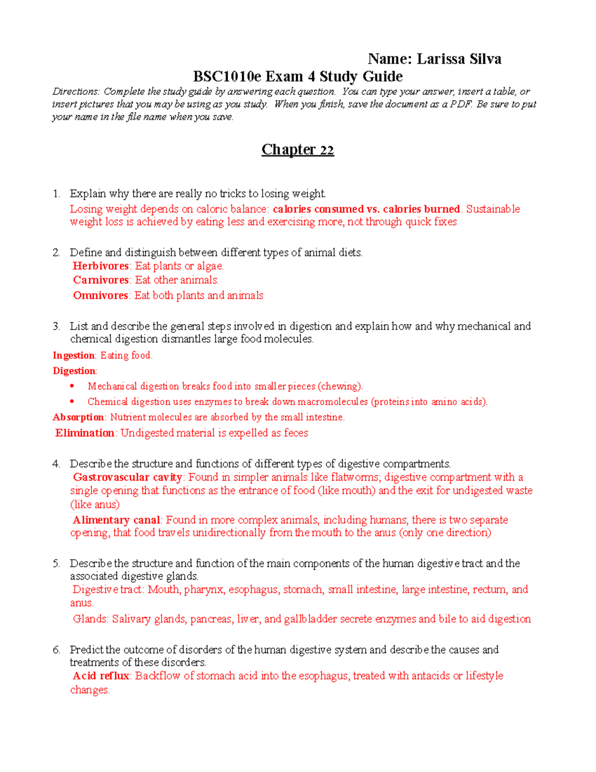 Exam 4 Study Guide rev21 - Name: Larissa Silva BSC1010e Exam 4 Study ...