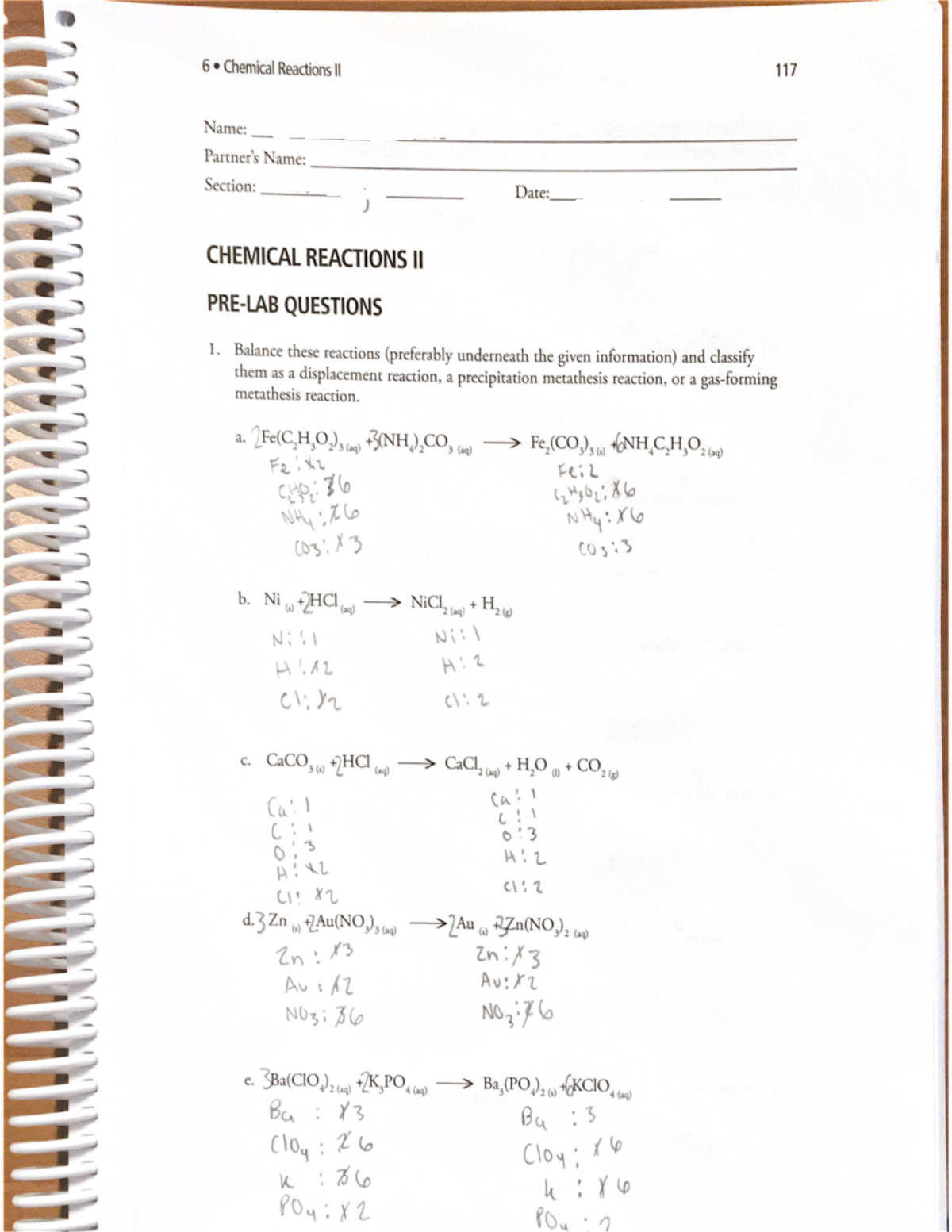 Lab6 gchm1partnerwork 6 • Chemical Reactions II 117 Partner's Name