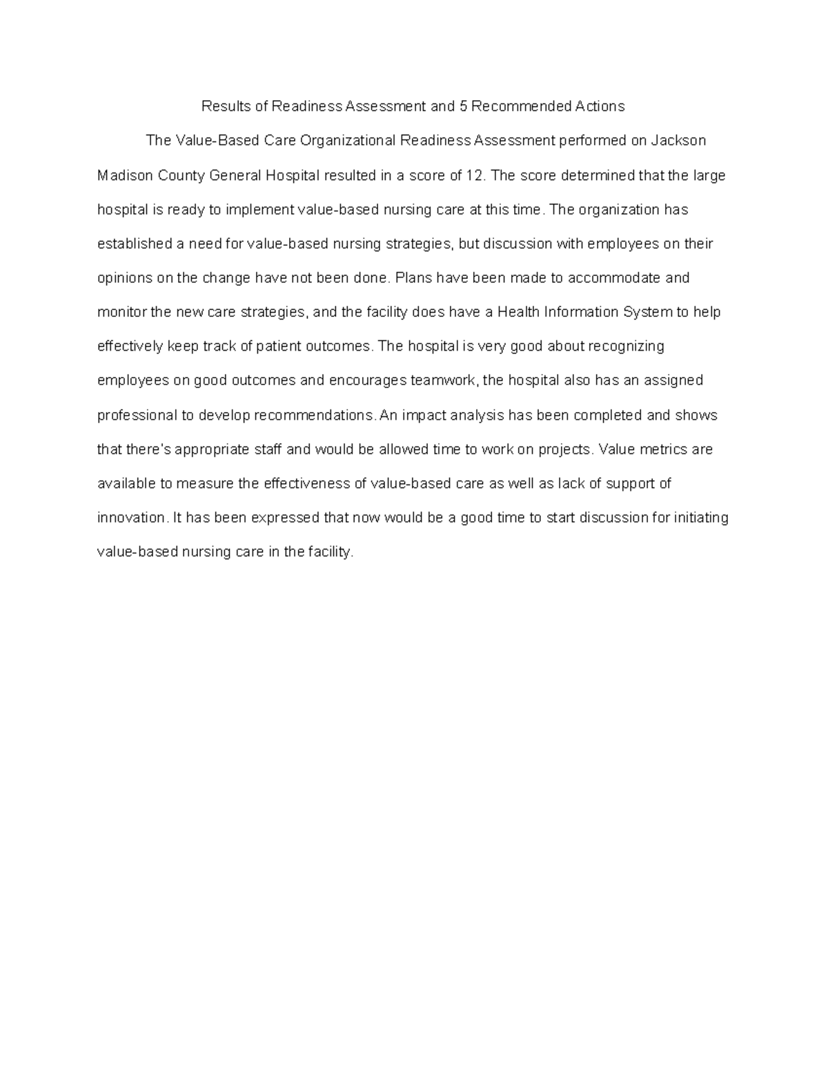 Results of Readiness Assessment and 5 Recommended Actions - The score ...