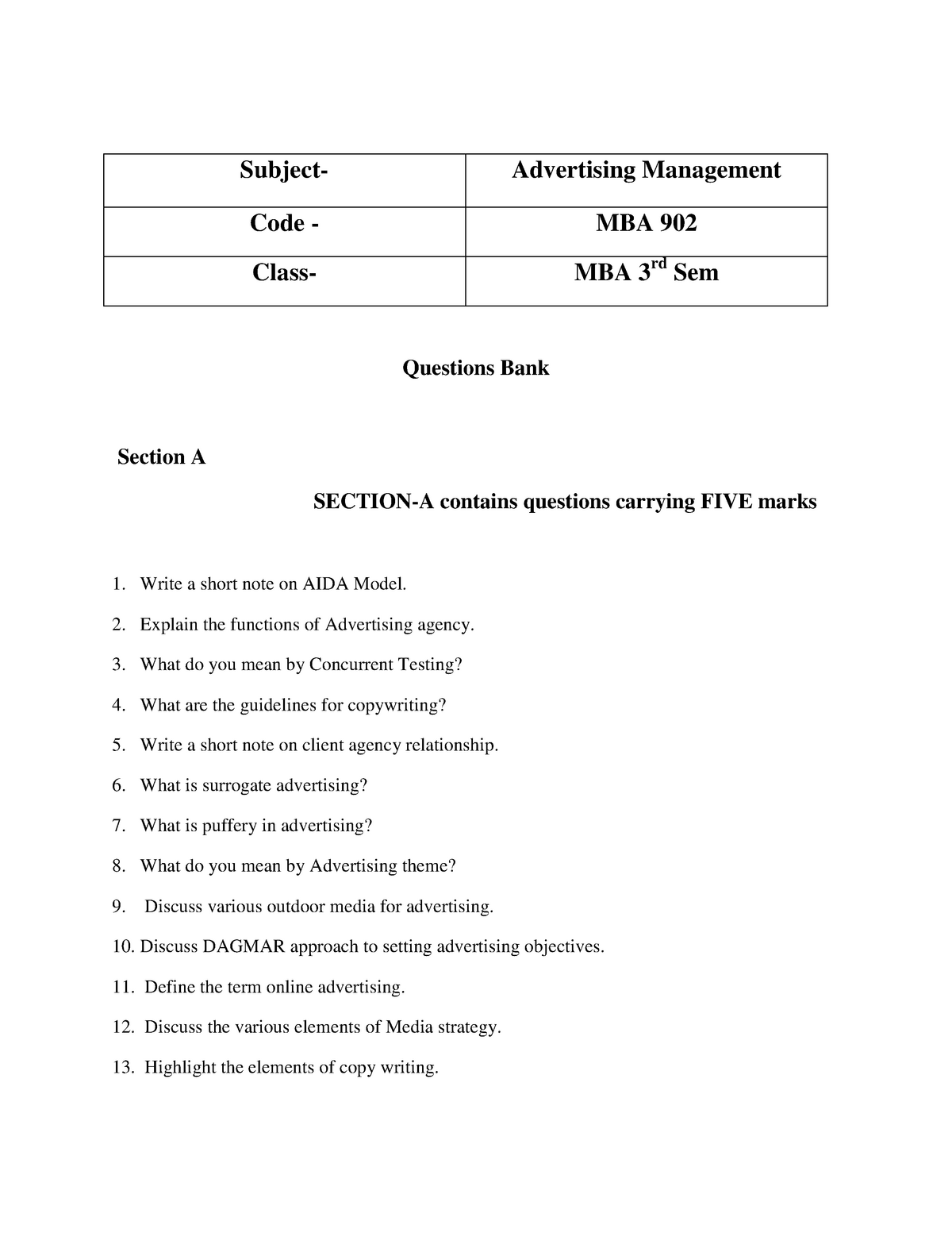 advertising management question paper with case study