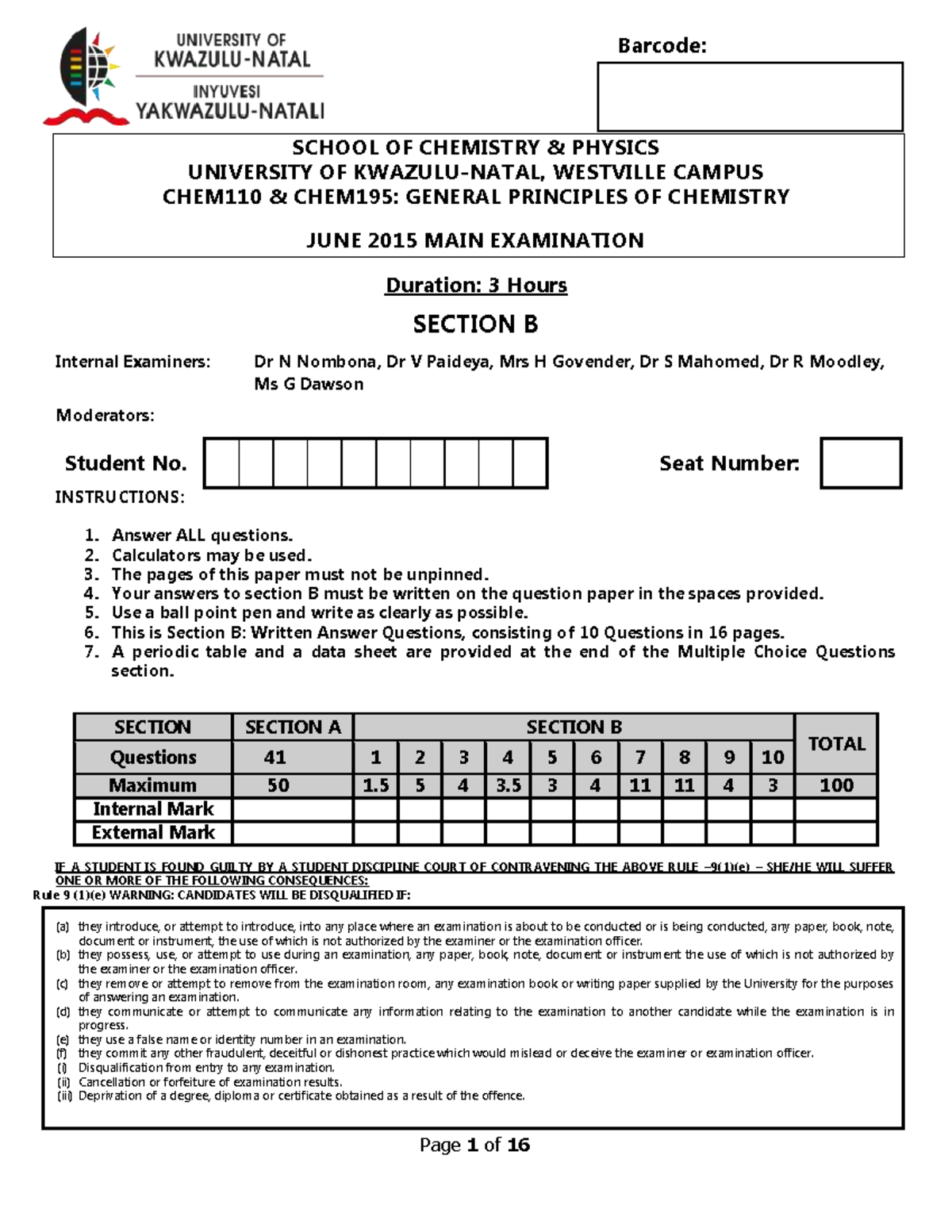 Chem 110 2015 Section B - Questionpaper - Barcode: SCHOOL OF CHEMISTRY ...