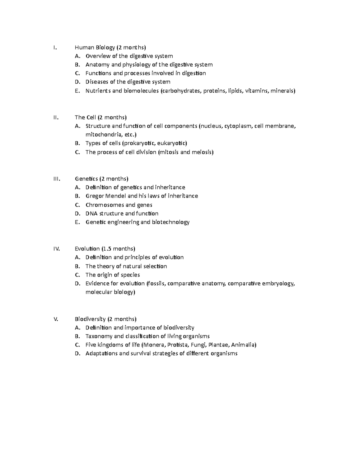 Grade 8 Topic - NOTES - I. Human Biology (2 months) A. Overview of the ...