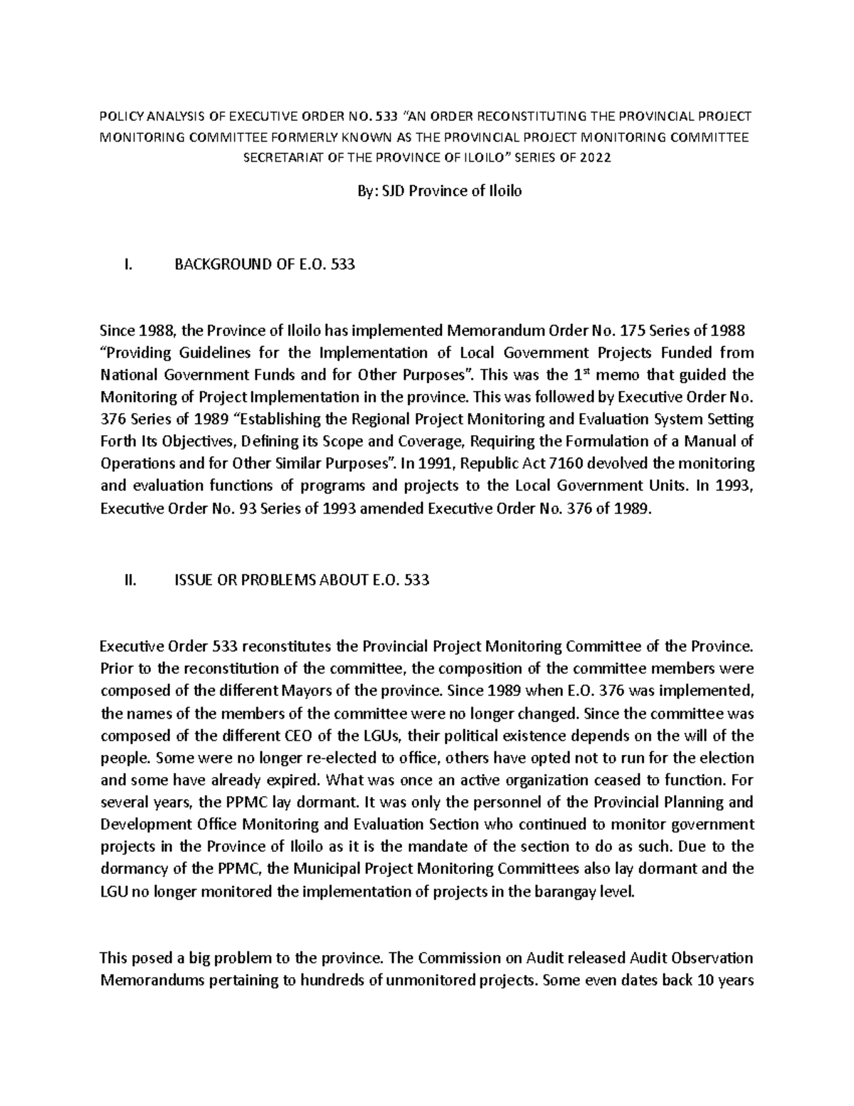 SJD 622 Policy Analysis ON EO 533 - POLICY ANALYSIS OF EXECUTIVE ORDER ...