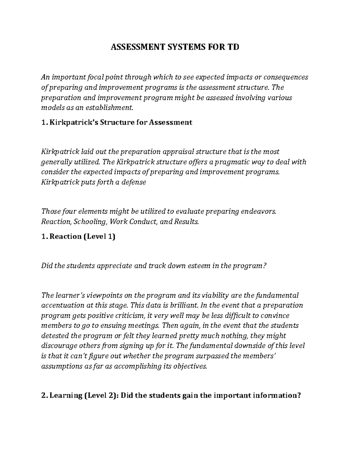 Assessment Systems FOR TD - ASSESSMENT SYSTEMS FOR TD An important ...