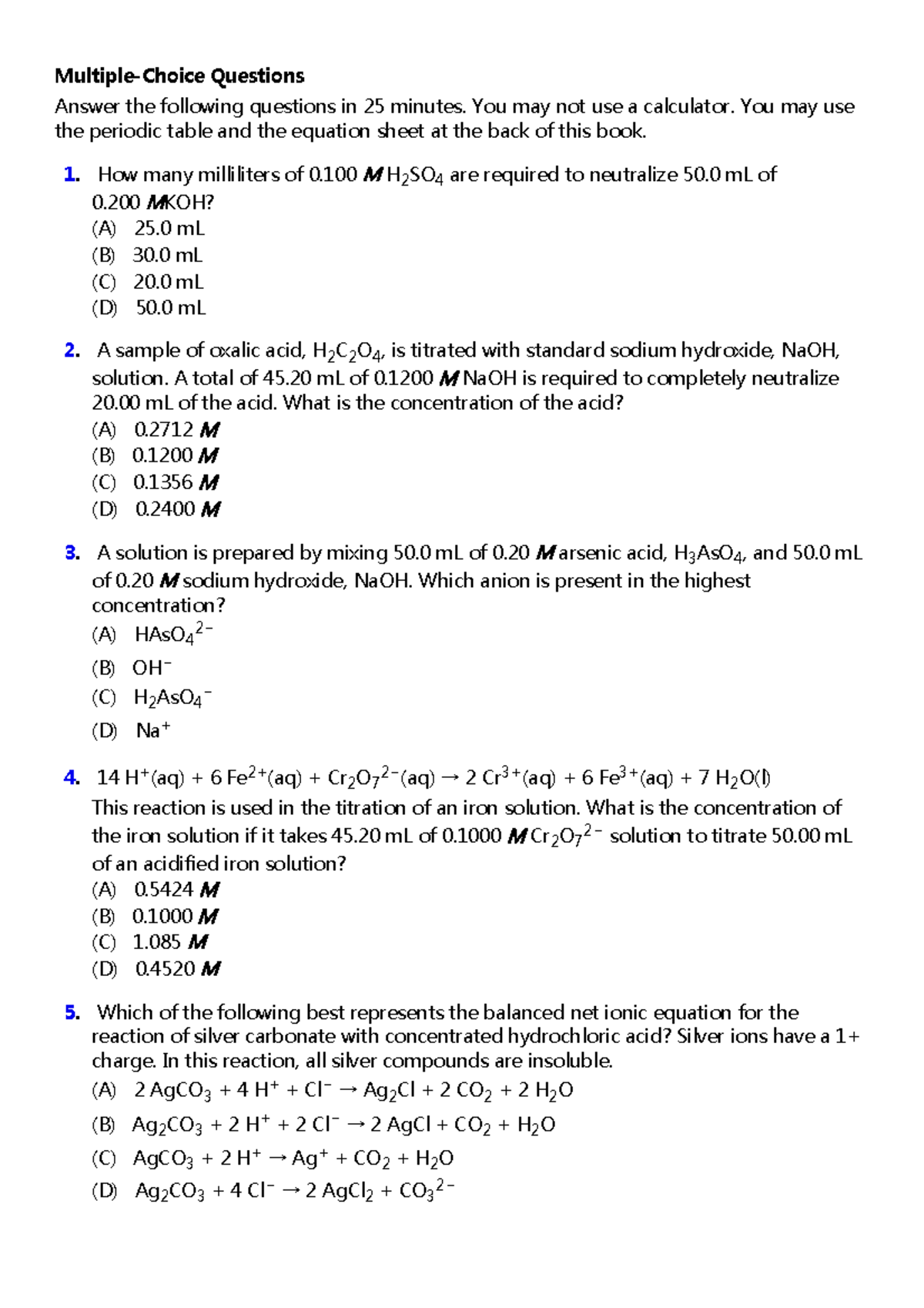 AP Chemistry- Stoichiometry Multiple-Choice Practice Questions ...